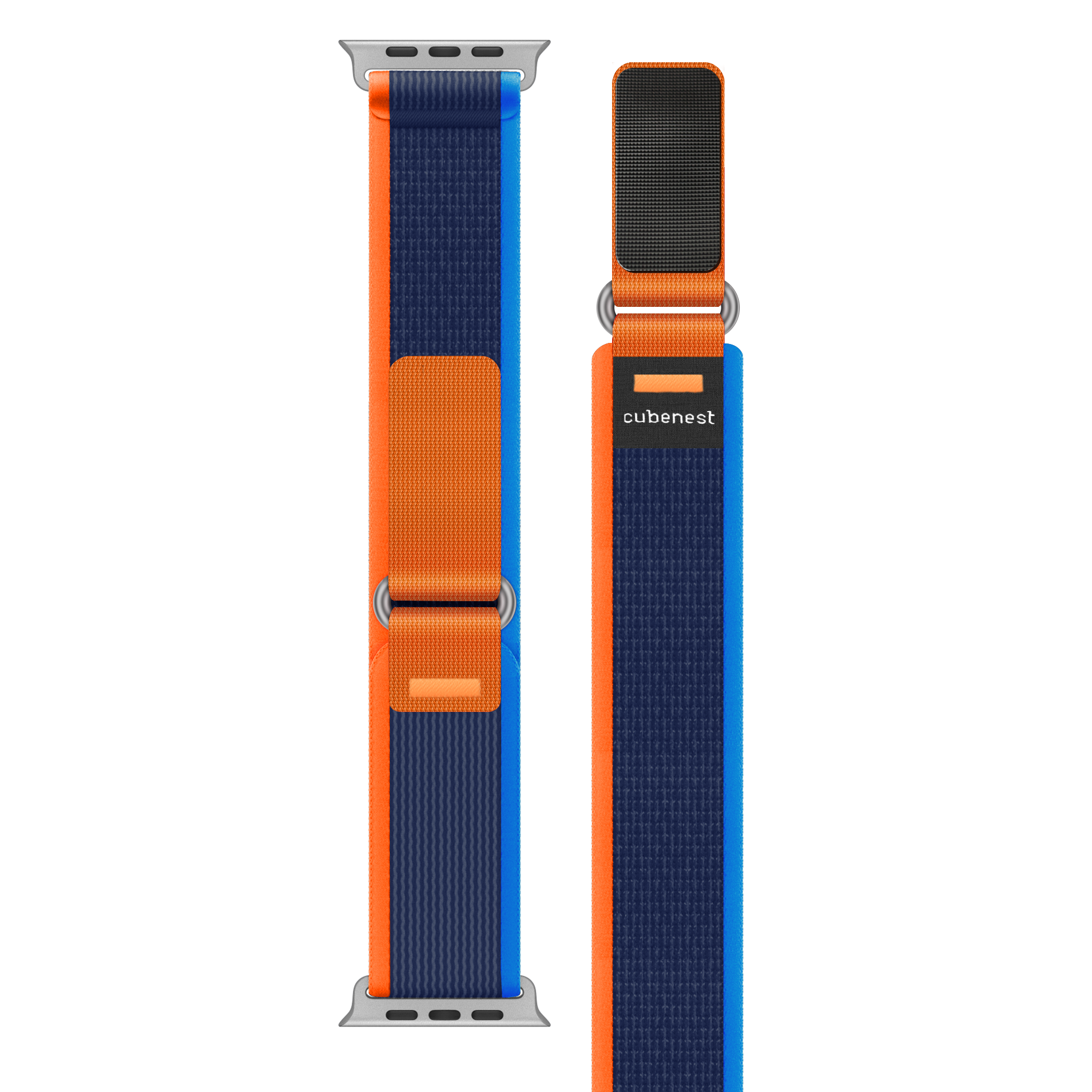 Ein Uhrenarmband in Blau und Orange. Das Band ist an einer silbernen Uhr, die Farbe ist an den Rändern.