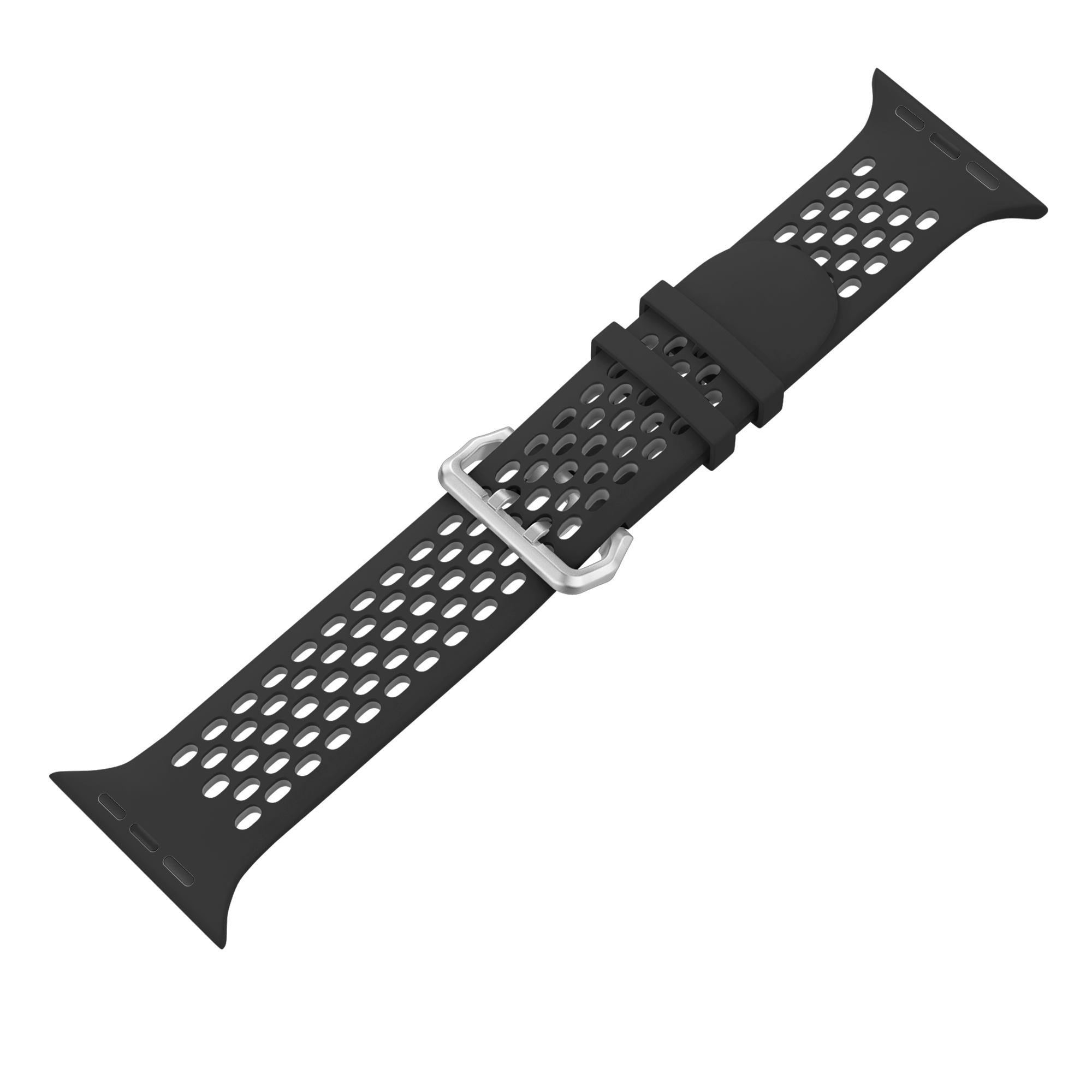 Schwarzes Apple Watch Armband mit Löchern und Metallverschluss.