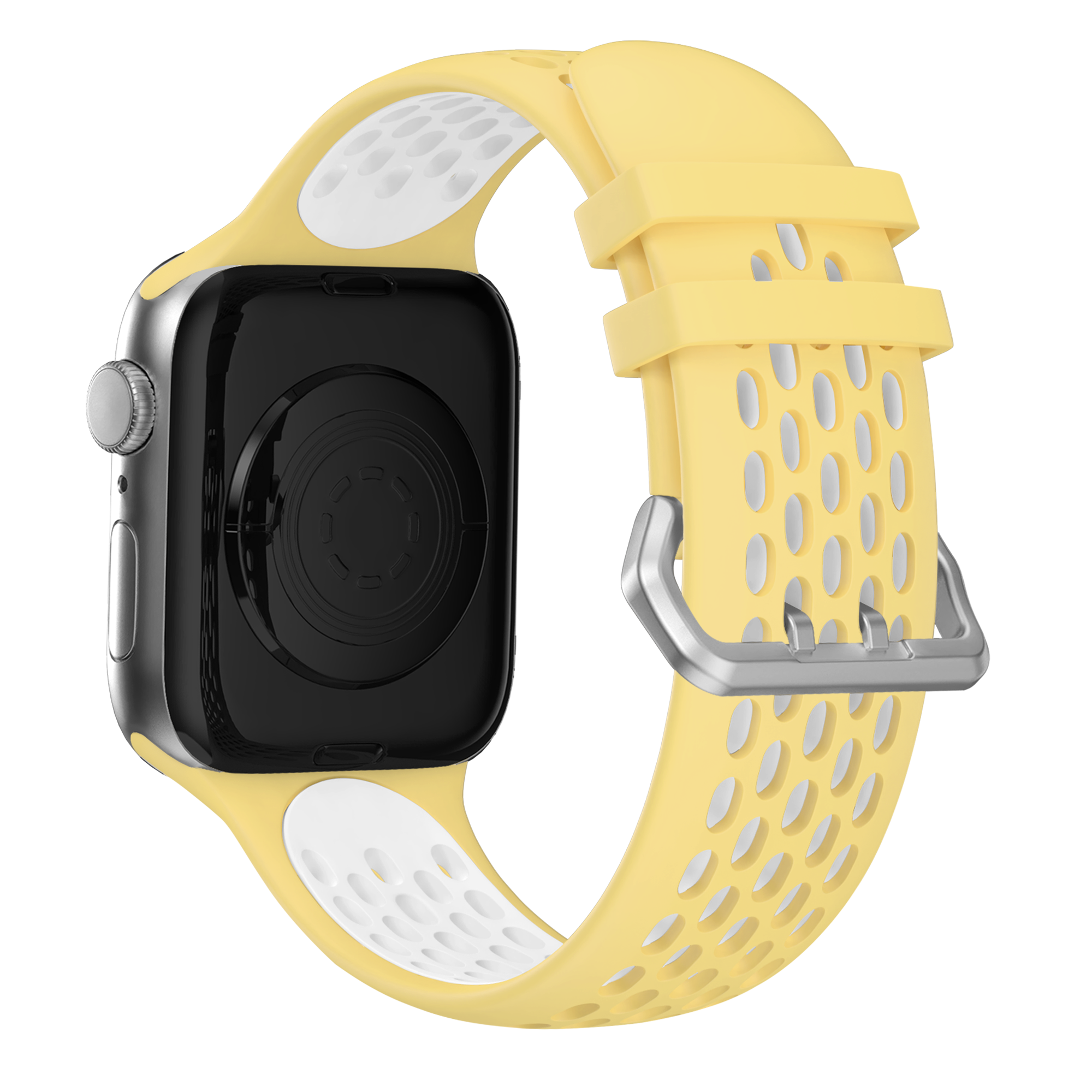Gelb-weißes Armband an einer schwarzen Smartwatch auf weißem Hintergrund.