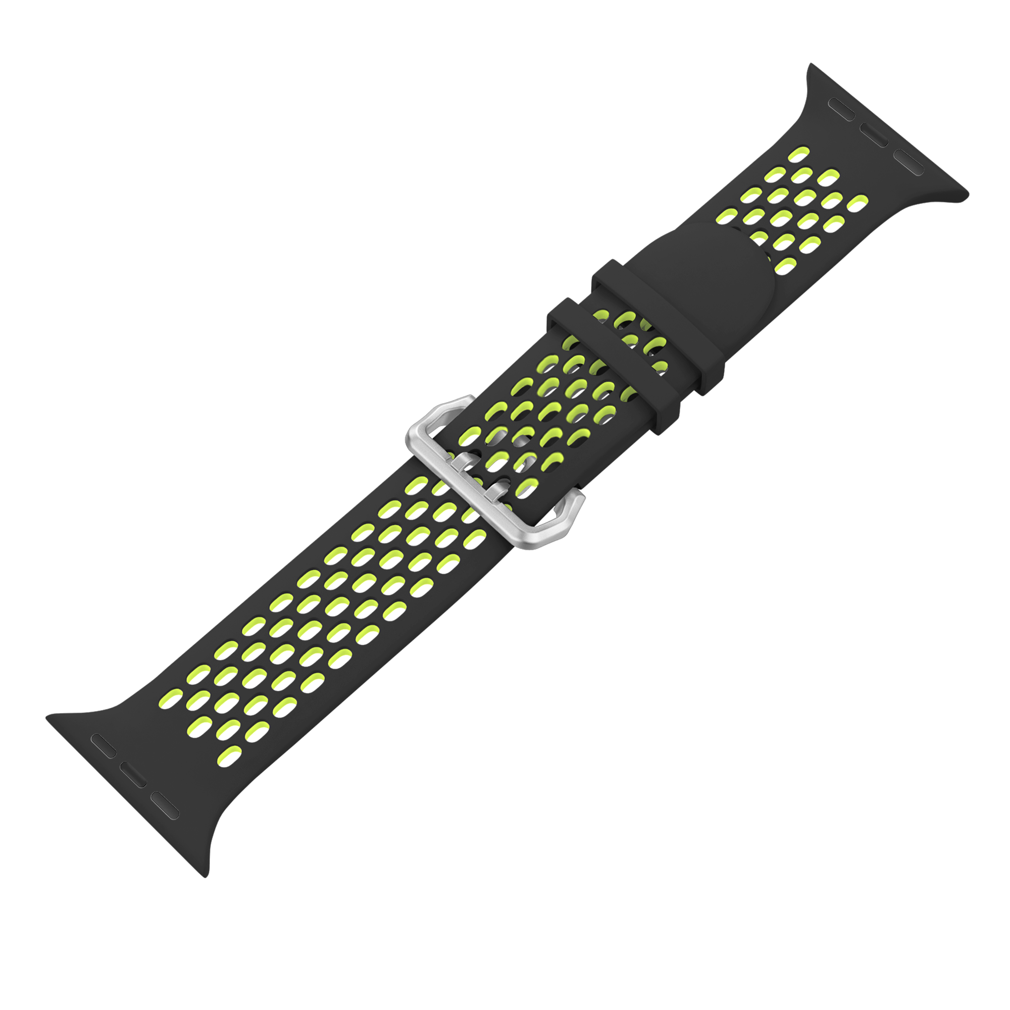 Schwarzes und grünes Uhrenarmband mit Edelstahlschnalle. Das Band hat ein perforiertes Design.