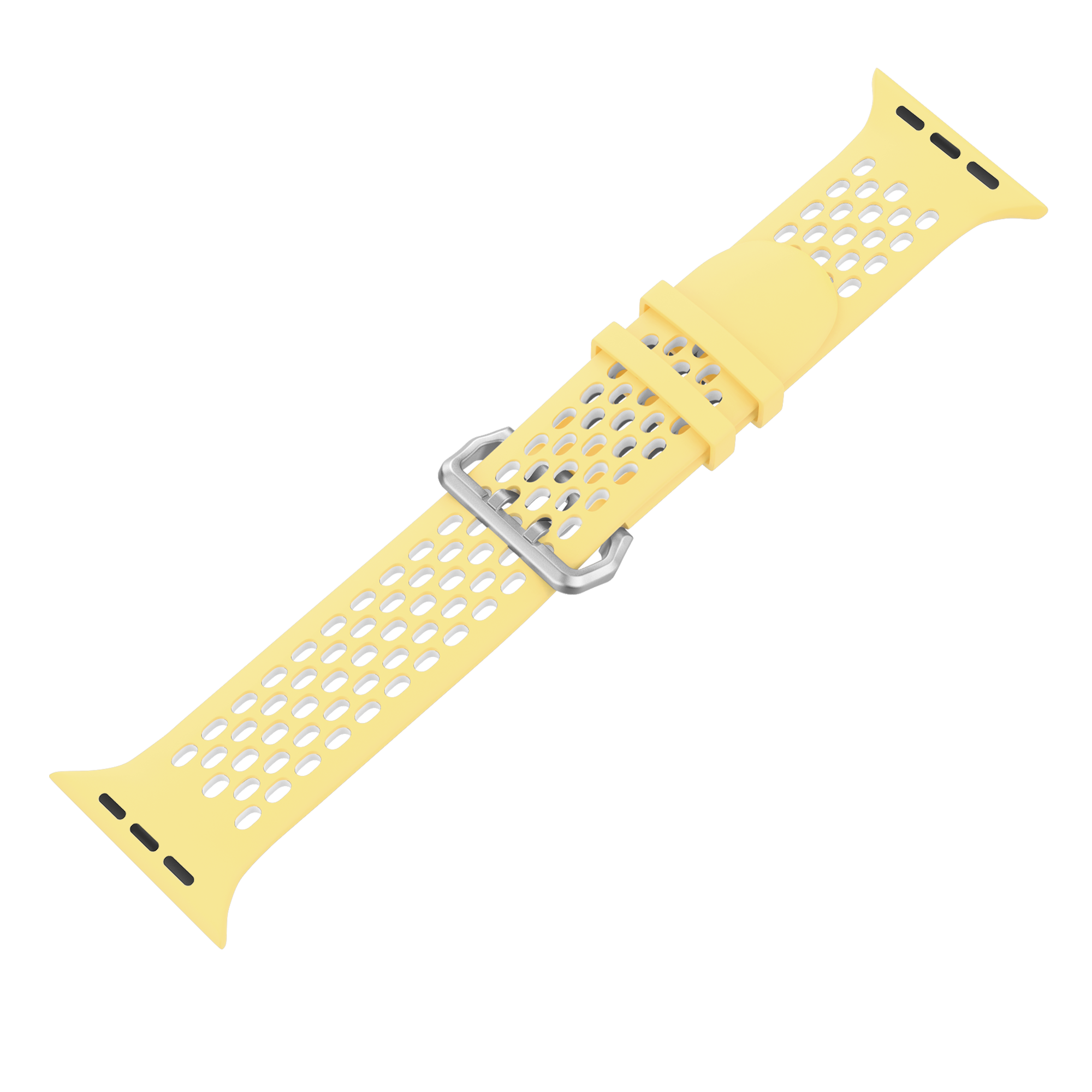 Ein gelbes Apple Watch Armband mit Perforationen und einer silbernen Schnalle.