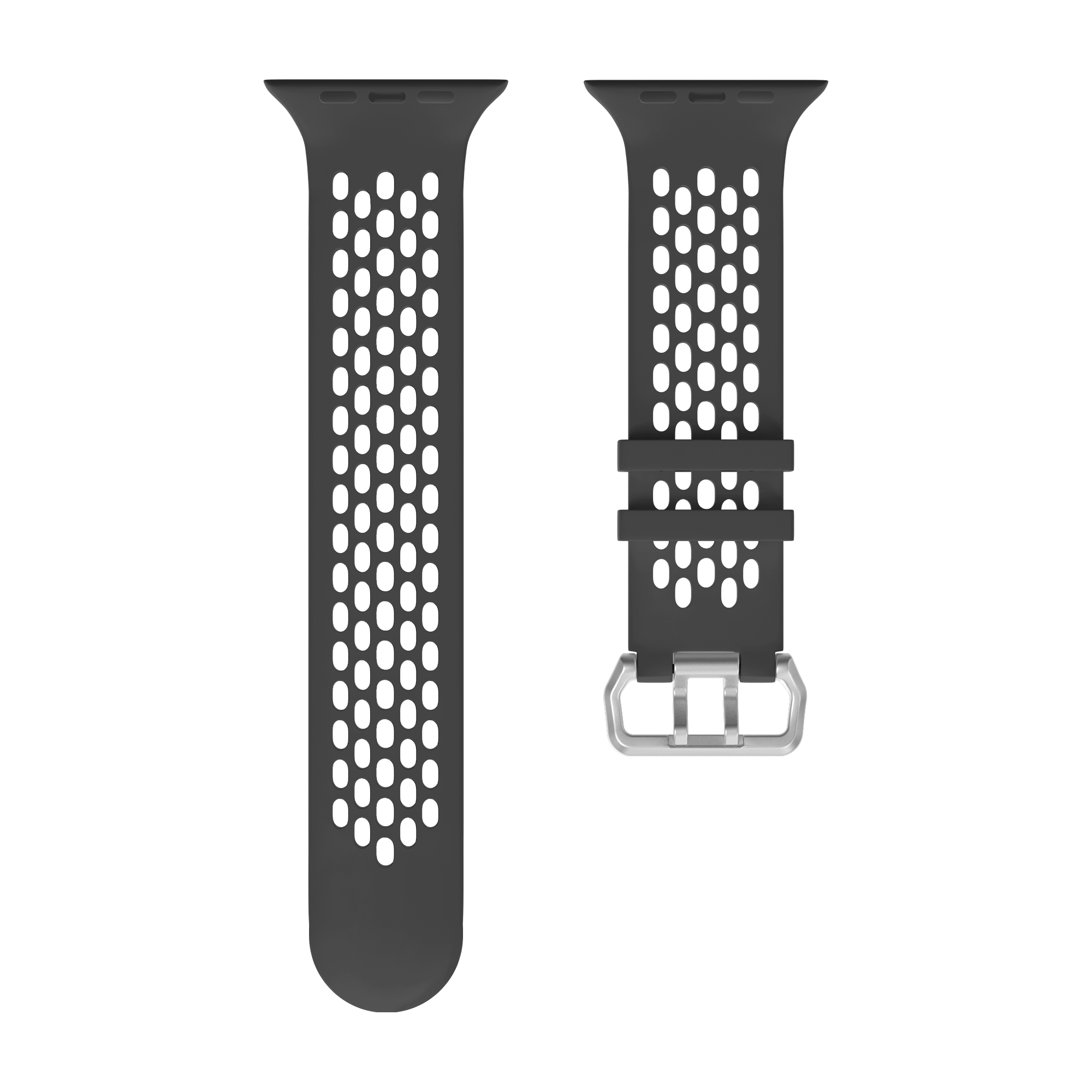 Zwei dunkelgraue Apple Watch-Armbänder mit perforiertem Design und Schnalle.