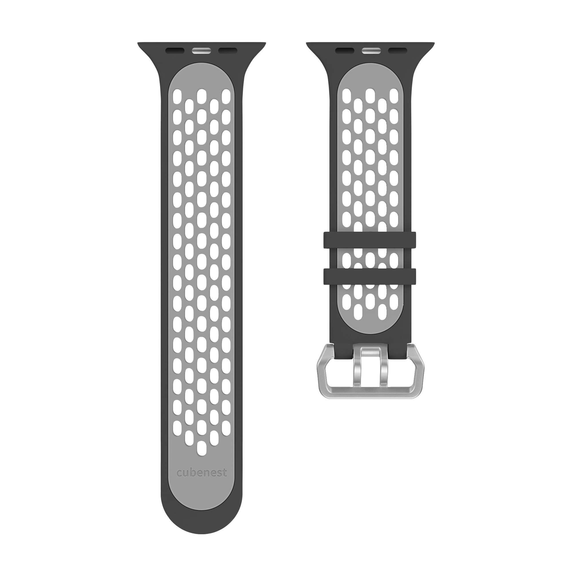 Zwei Apple Watch-Armbänder, schwarz mit grauem perforiertem Design. Das rechte hat eine Schließe.