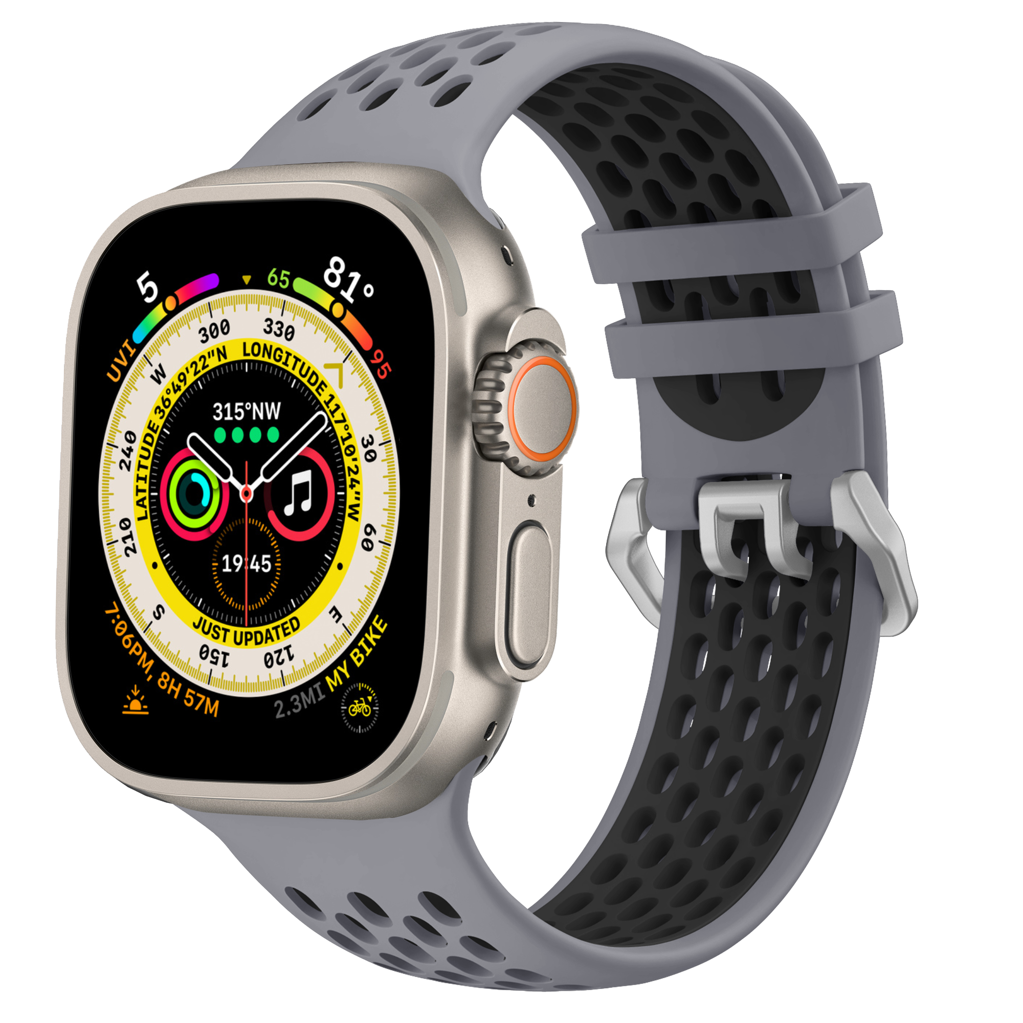 Silber-graue Smartwatch mit grauem Armband, zeigt verschiedene Daten auf dem Bildschirm.