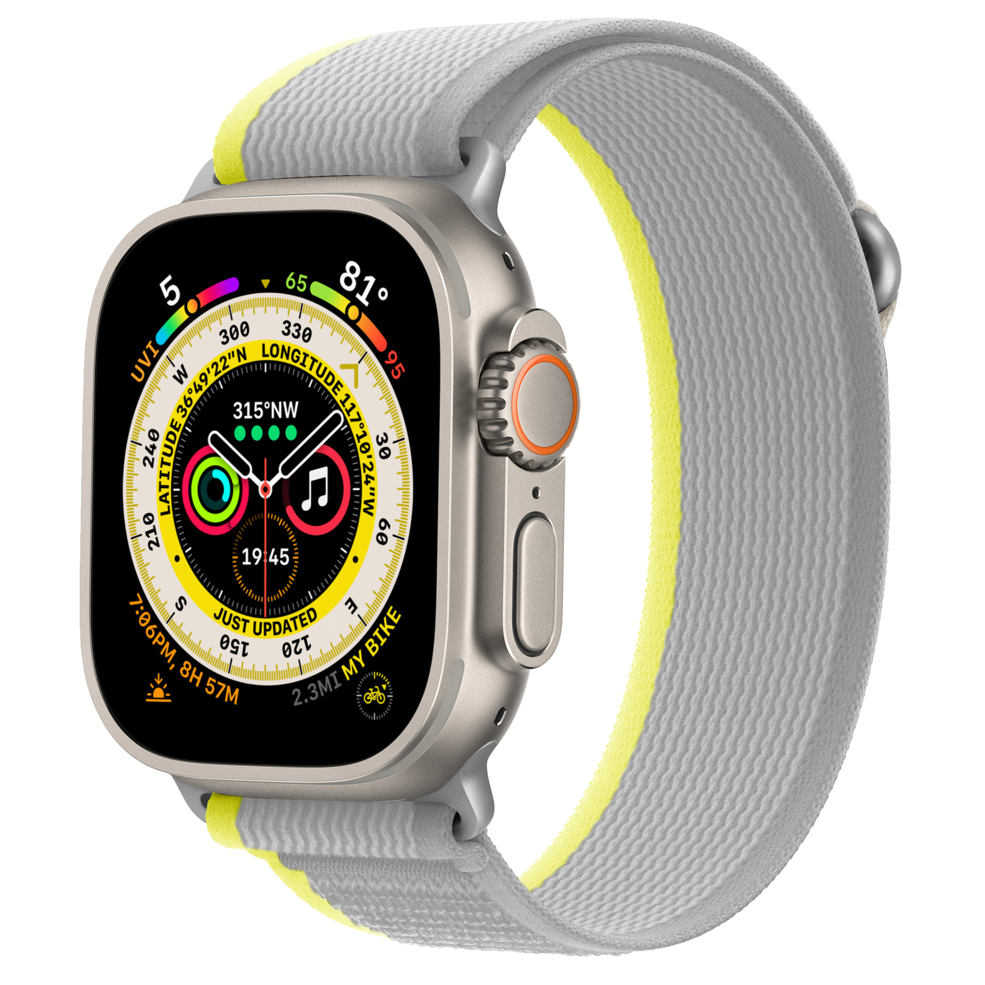 Silberne Apple Watch mit grauem Armband und gelben Akzenten.