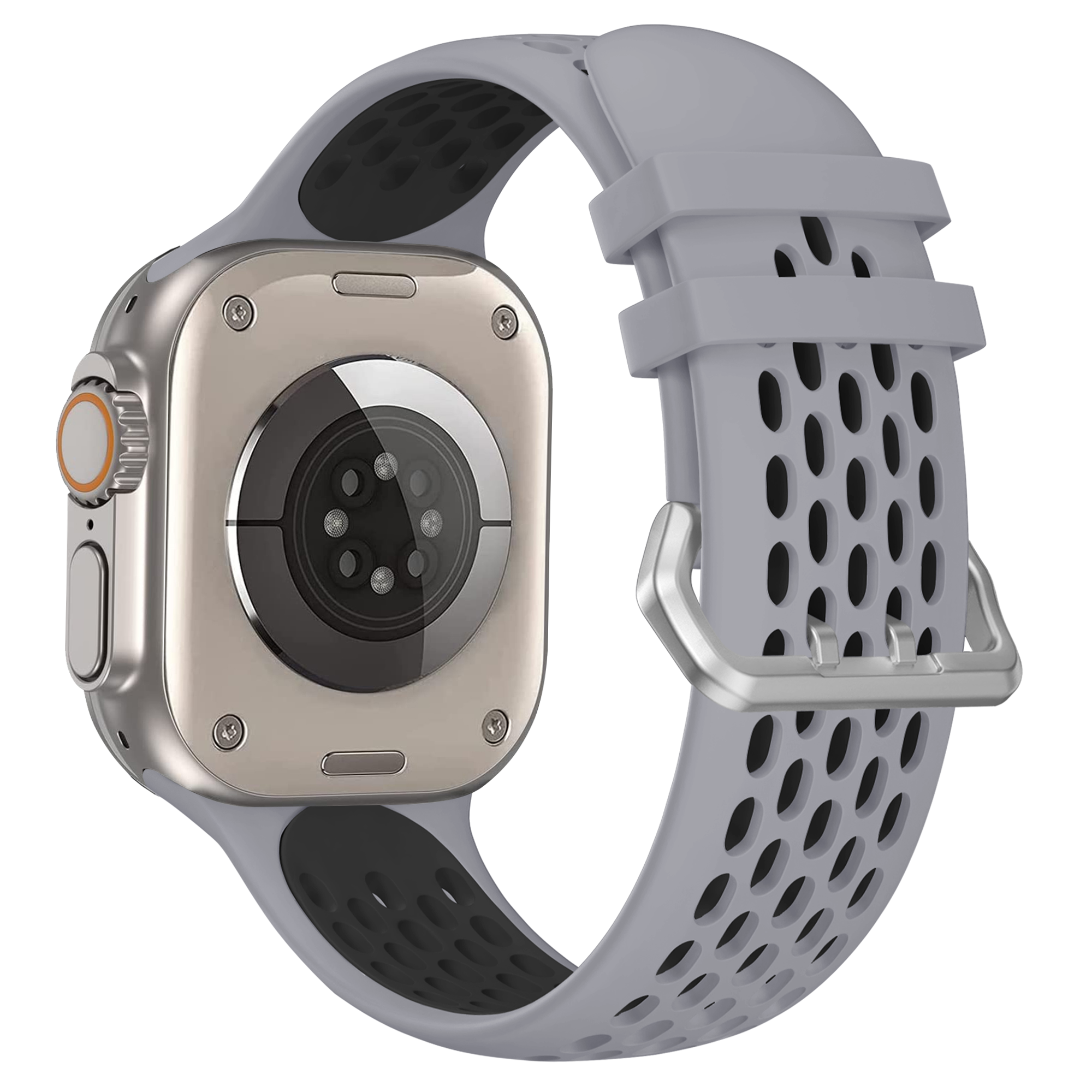 Eine silberne Smartwatch mit grauem Armband, die Rückseite zeigend.