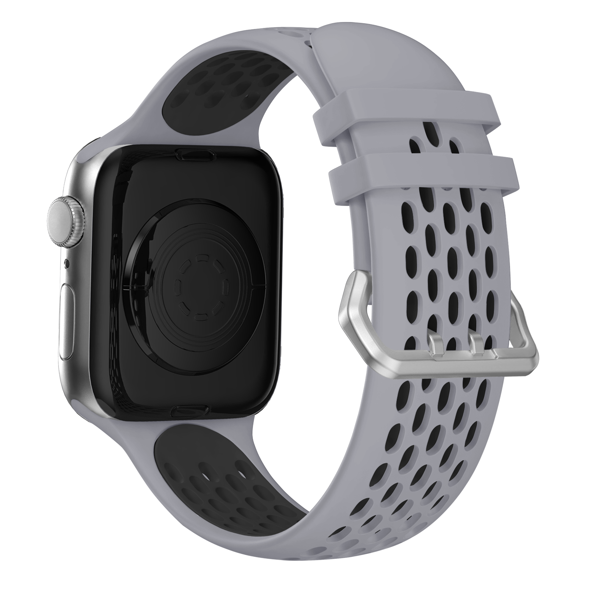 Eine schwarz-graue Smartwatch mit grauem Armband. Die Uhr befindet sich auf weißem Hintergrund.