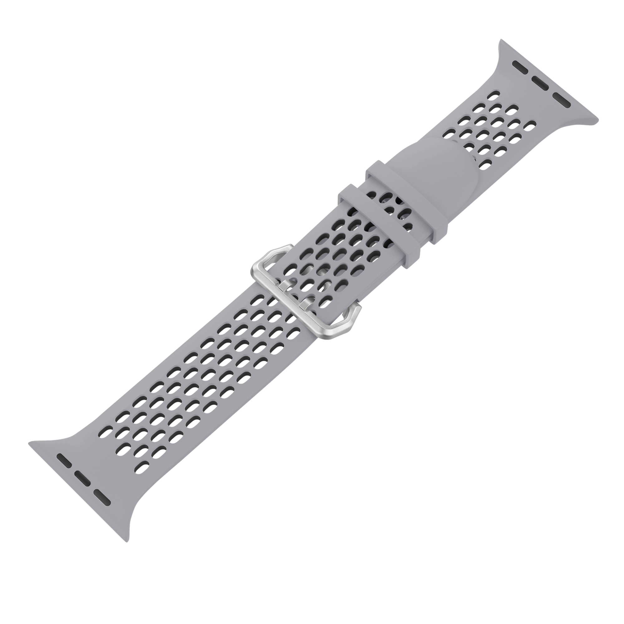 Ein graues Apple Watch-Armband mit Löchern, abgenommen, auf weißem Hintergrund.