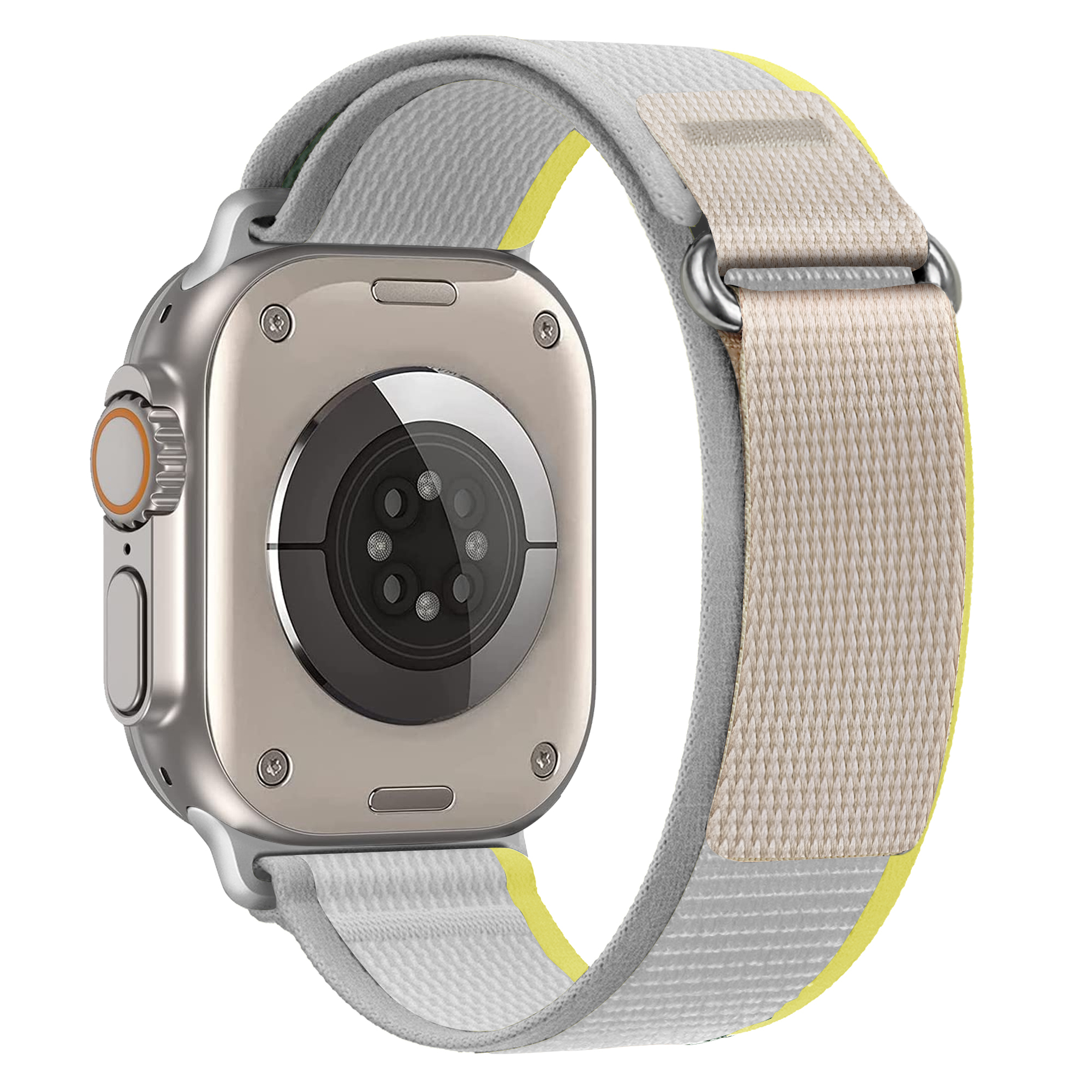 Silberne Smartwatch mit cremefarbenem und grauem Band mit gelbem Akzent.