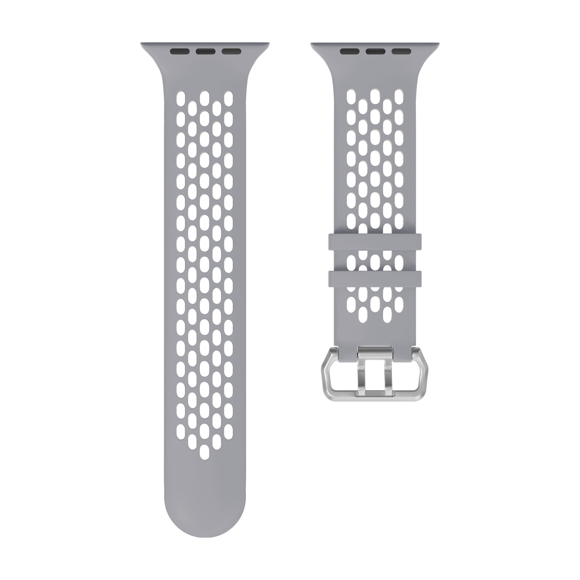 Zwei graue Apple Watch Sportarmbänder. Perforiertes Design, mit Schnalle und Stift.