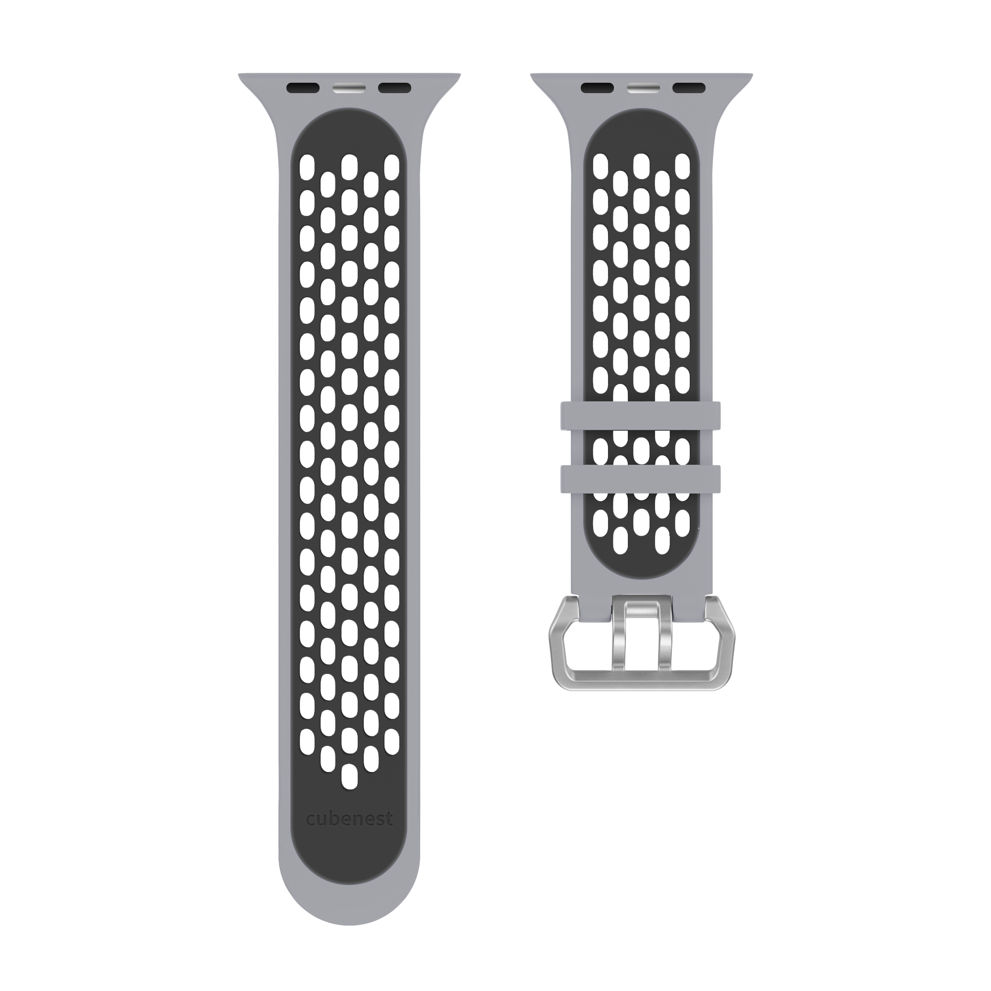 Zwei grau-schwarze Uhrenarmbänder mit Verschluss und perforiertem Design.