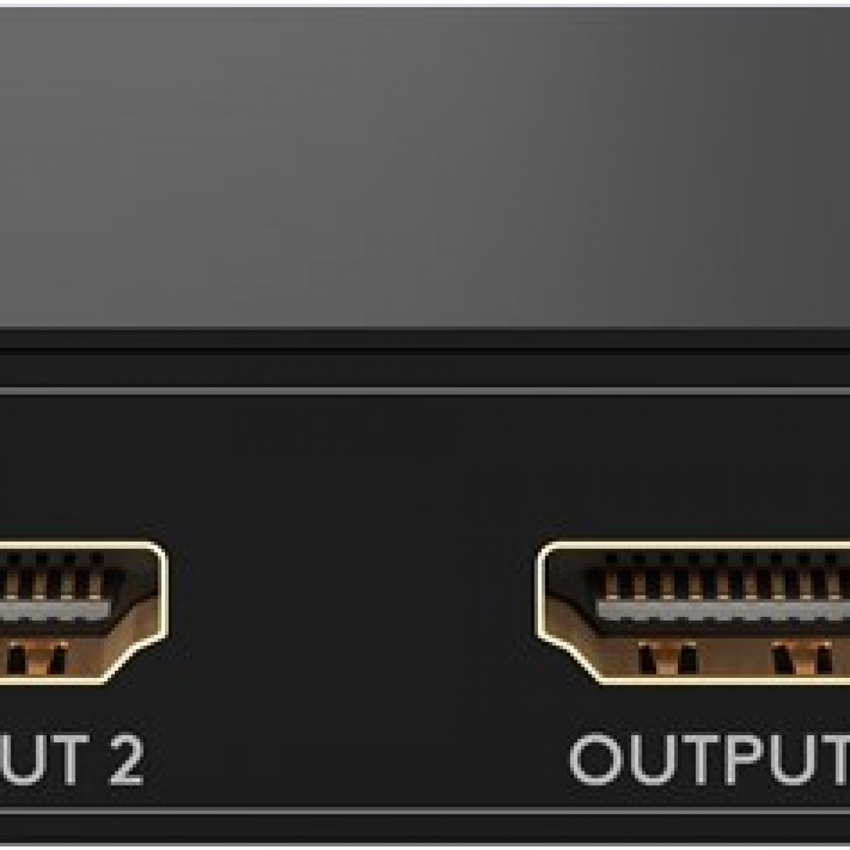 Schwarzes Gerät mit zwei HDMI-Ausgangsanschlüssen, beschriftet 'OUTPUT 2' und 'OUTPUT 1'.