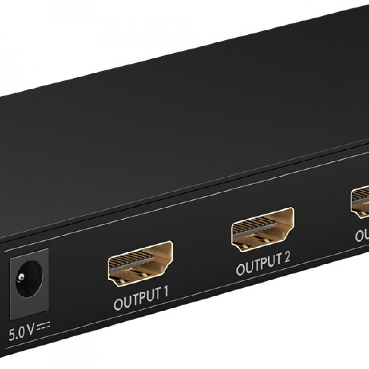 Ein schwarzer HDMI-Switch mit 3 HDMI-Ausgangsanschlüssen. Der Stromanschluss zeigt 5,0 V an. Die Anschlüsse sind beschriftet.