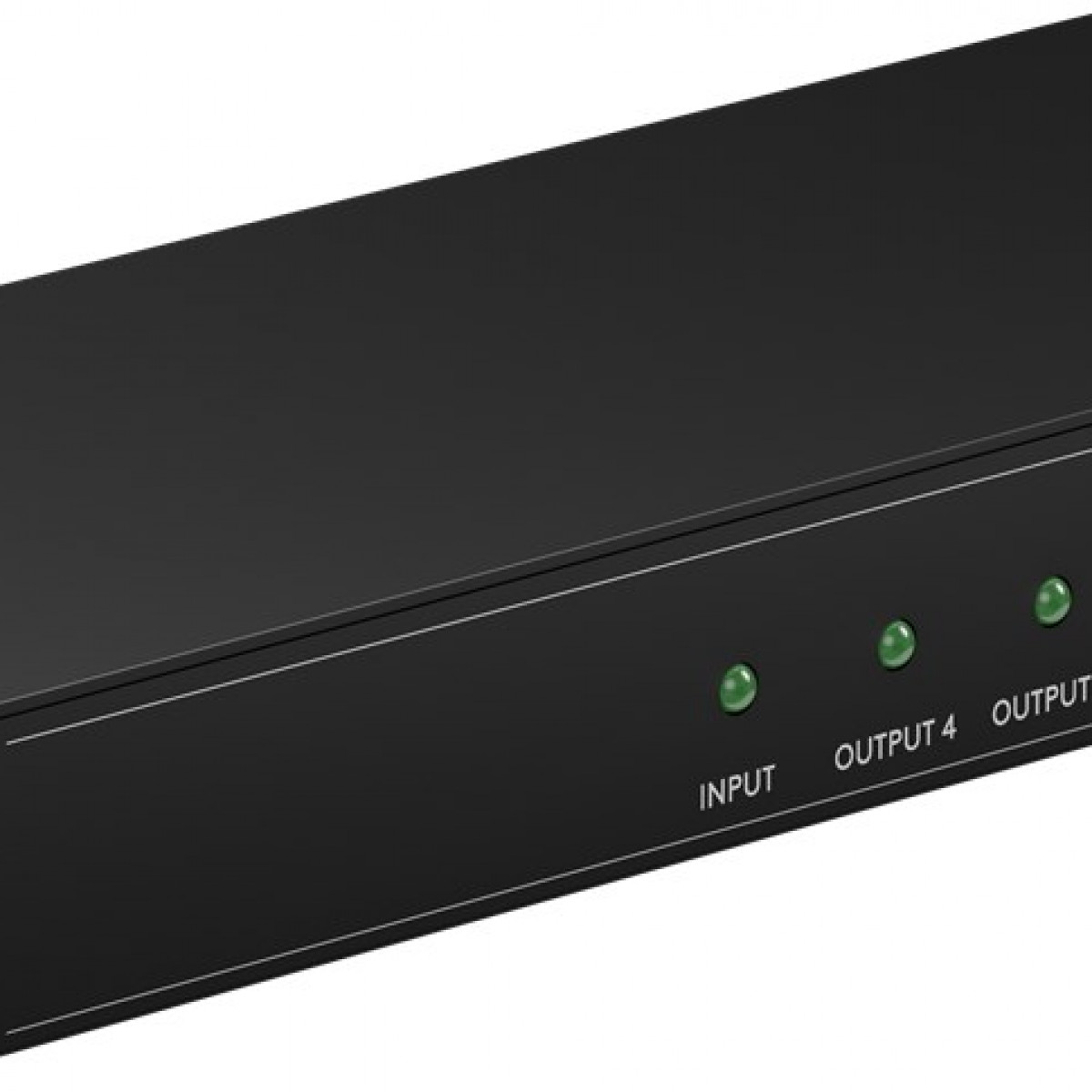 Schwarzes elektronisches Gerät mit grünen Lichtern, beschriftet mit 'INPUT', 'OUTPUT 4' und 'OUTPUT'.