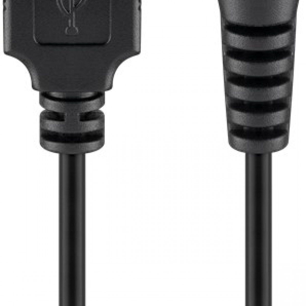 Ein schwarzes USB-auf-USB-Kabel, mit beiden Enden sichtbar, vor weißem Hintergrund.