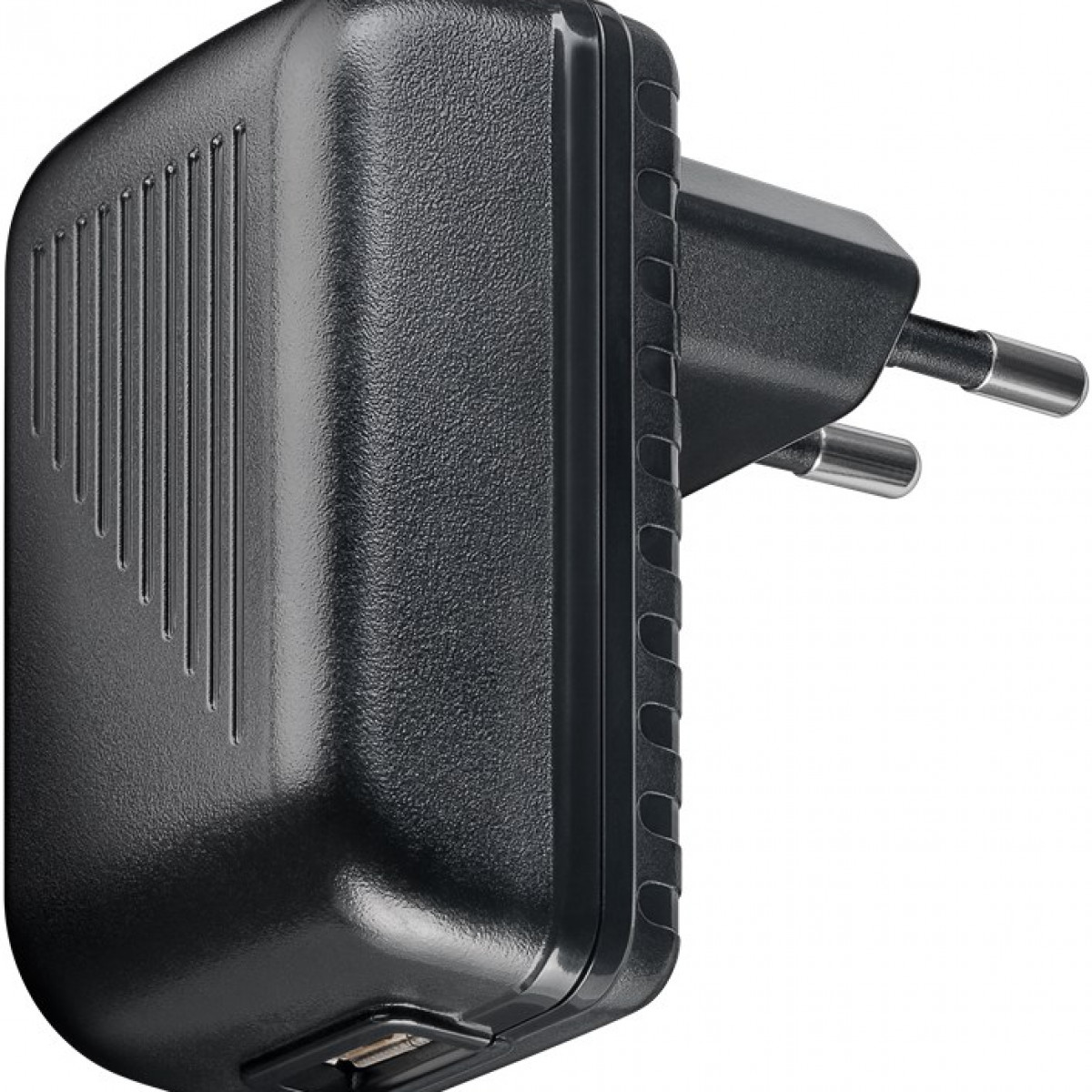 Schwarzes Netzteil mit US-Stecker, zeigt die Vorderseite und einen USB-Anschluss.