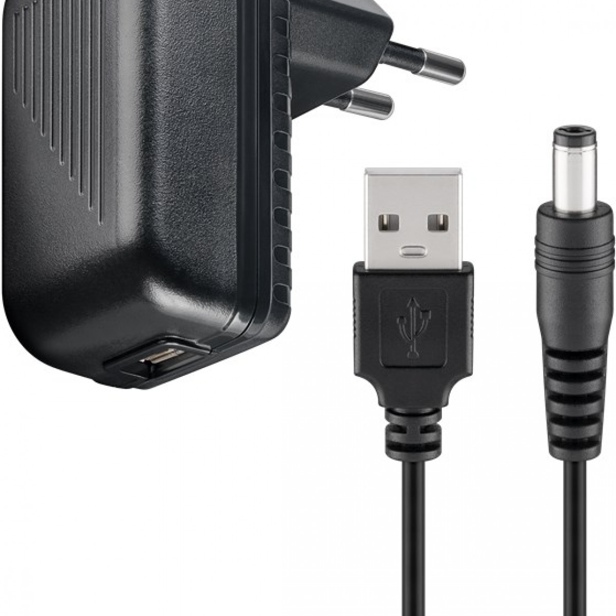 Schwarzes Netzteil mit USB- und DC-Anschlüssen.