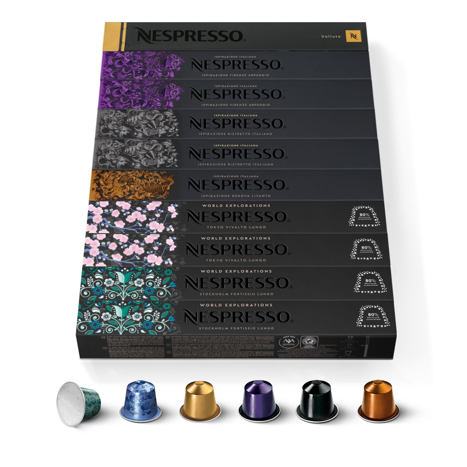 Nespresso-Kaffeekapseln in einer Schachtel. Mehrere Box-Designs und Kapseln darunter.
