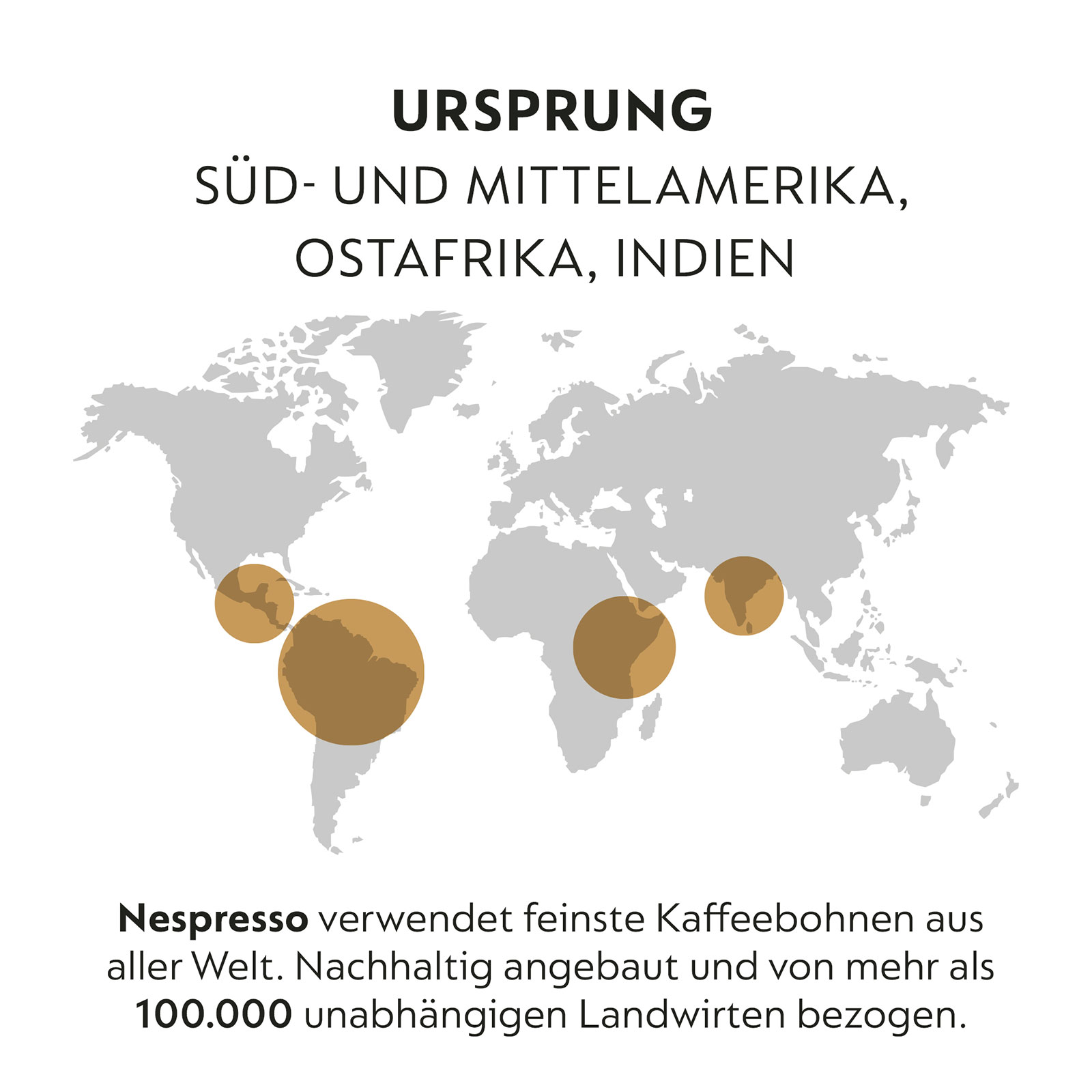Weltkarte mit Hervorhebung der Kaffeeherkunft: Süd- und Mittelamerika, Ostafrika und Indien.