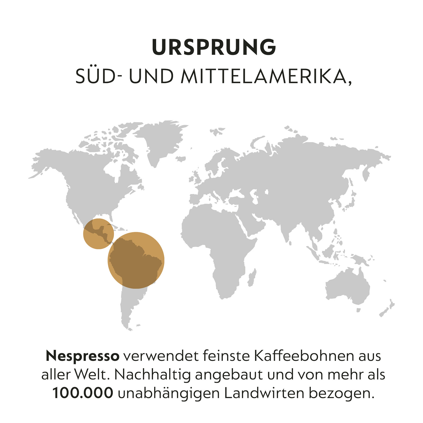 Weltkarte mit hervorgehobenen Bereichen, Text über Nespresso-Kaffeebohnen aus Südamerika.