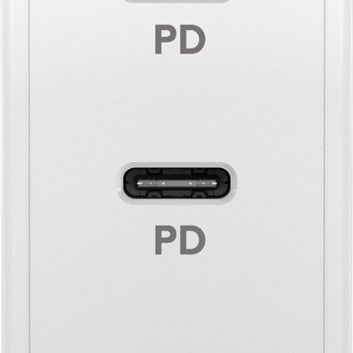 Weißer PD-Ladeanschluss mit USB-C-Anschluss. Der Text PD wird oben und unten angezeigt.