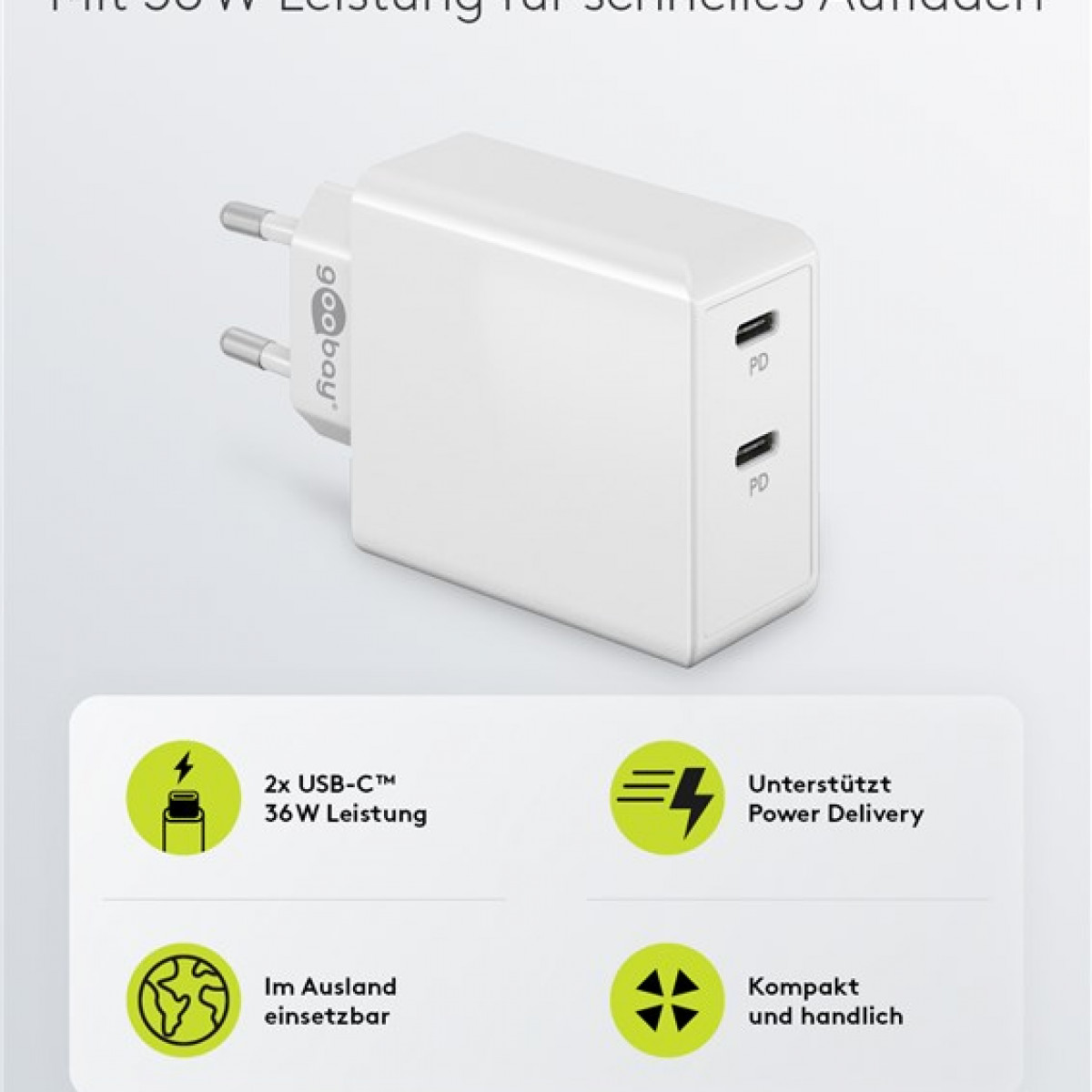Weißes Netzteil mit zwei USB-C-Anschlüssen, mit Symbolen, die Funktionen wie Stromversorgung und Vielseitigkeit anzeigen.