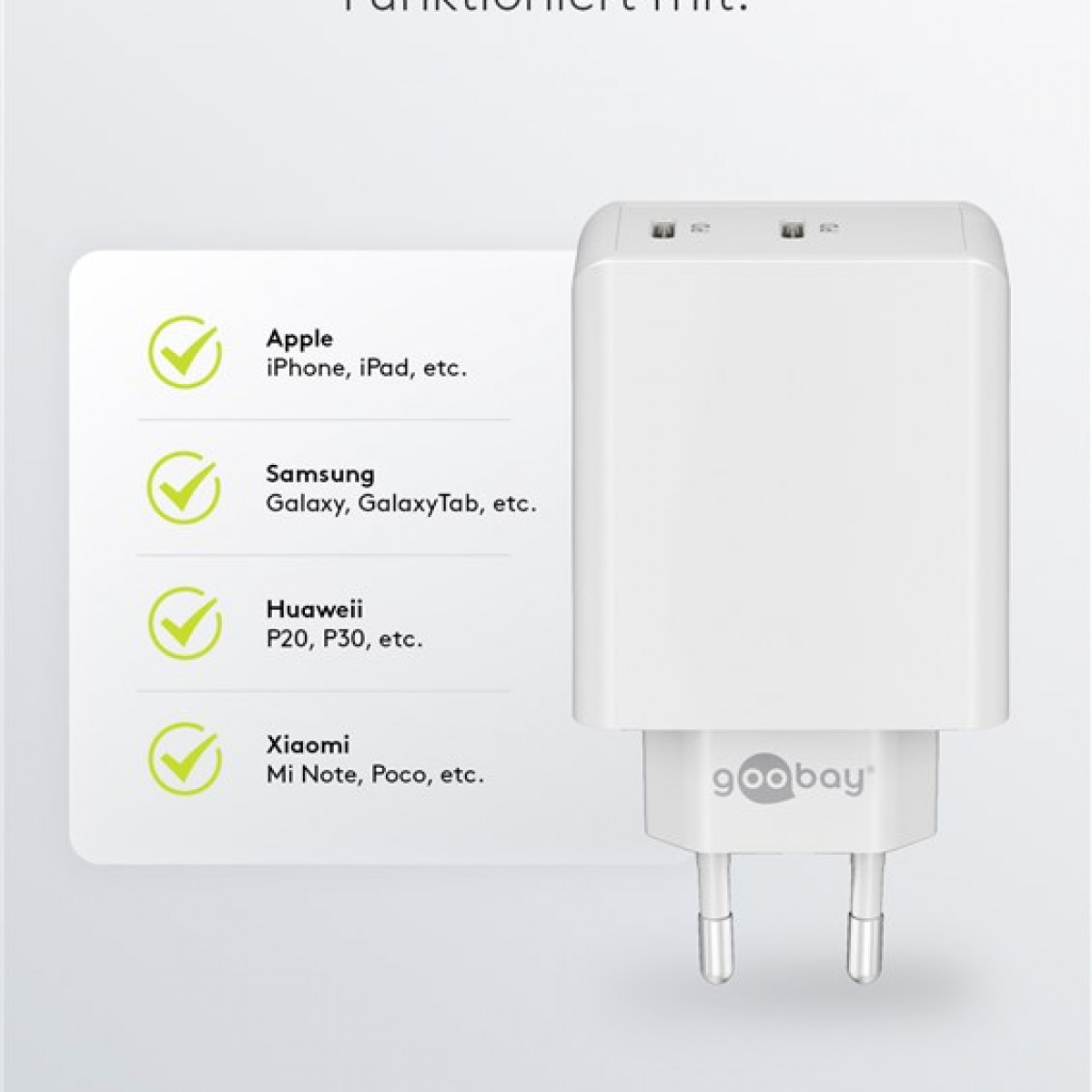 Ein weißes Ladegerät mit zwei USB-Anschlüssen und Kompatibilitätssymbolen für Apple, Samsung und Huawei.