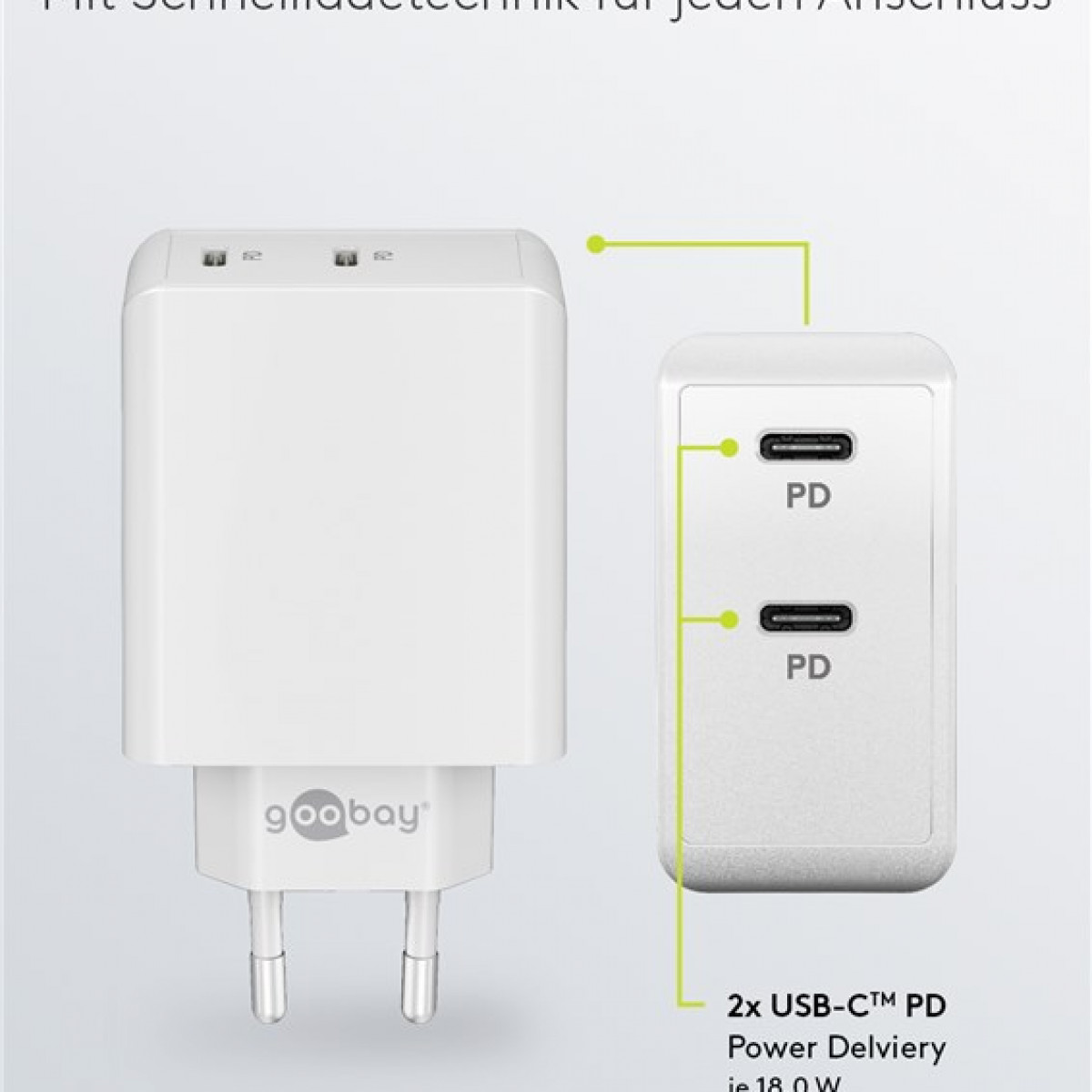 Weißes Ladegerät mit zwei USB-C-Anschlüssen. Der Stecker ist unten und die Anschlüsse oben.