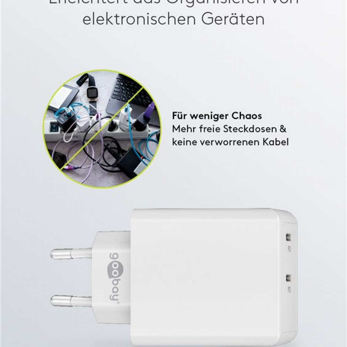 Weißes Ladegerät mit zwei Stiften, einem Diagramm und deutschem Text zur Kabelorganisation.
