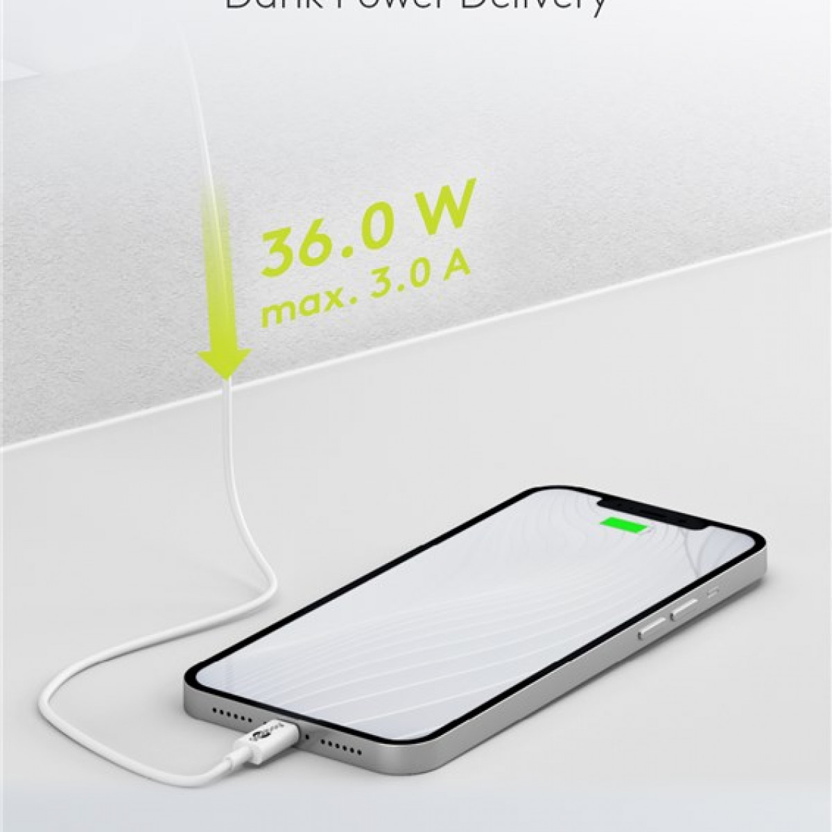 Telefon wird mit weißem Kabel geladen. Text: 36,0 W, max. 3,0 A. Weißer Hintergrund.
