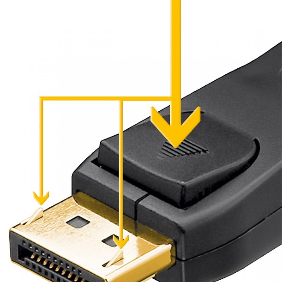Nahaufnahme des DisplayPort-Anschlusses und Pfeil, der die Entriegelungstaste anzeigt.