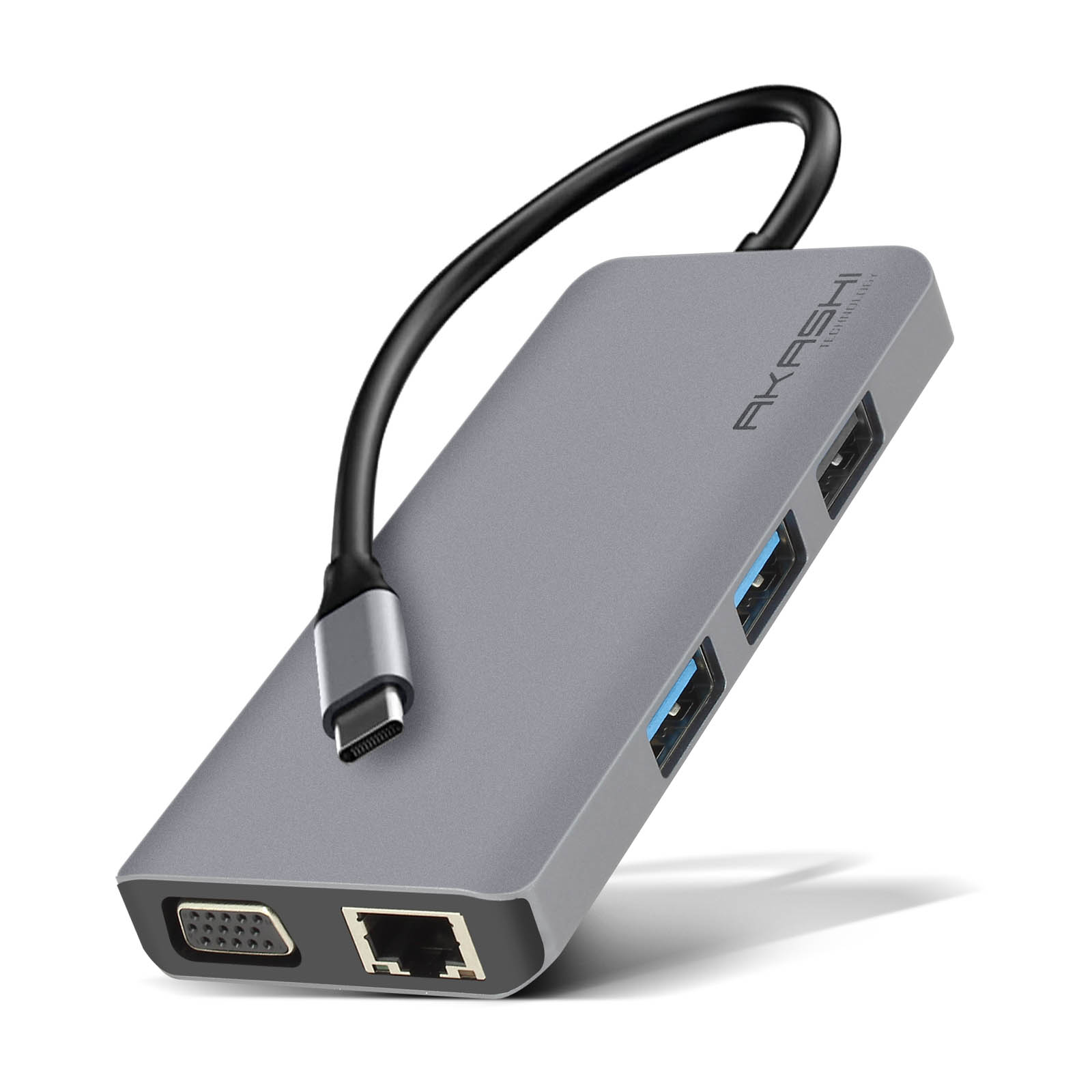 Hub USB-C grigio con più porte e cavo nero. Presenta il logo Akashi.