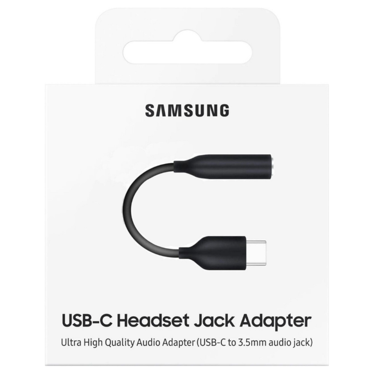 Eine weiße Schachtel mit dem Samsung-Logo und einem USB-C-Headset-Buchsenadapter.