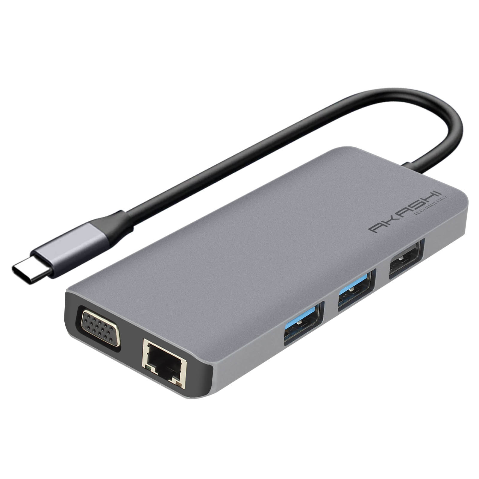Hub USB-C grigio con più porte e un cavo collegato.