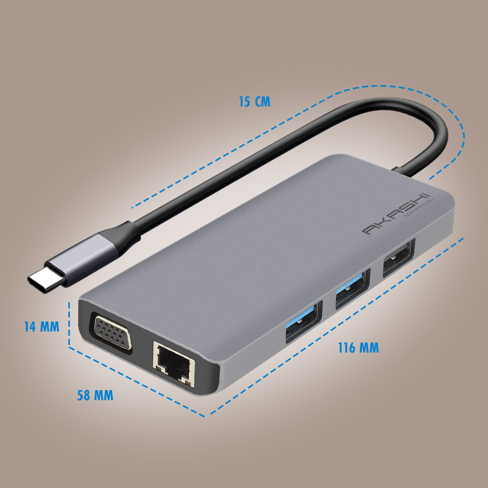 Hub Akashi grigio con porte e cavo. Le dimensioni sono indicate.