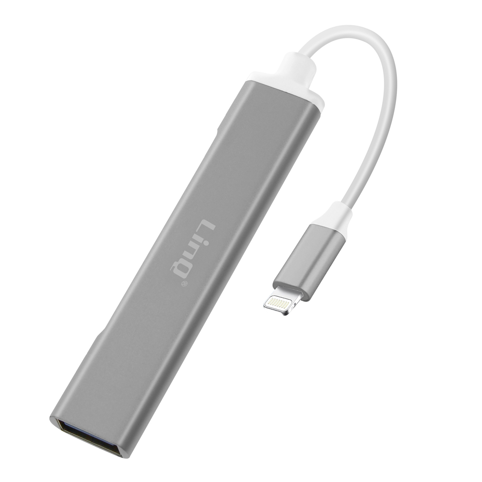 Adaptateur USB-C vers Lightning argenté avec câble et connecteur blancs.