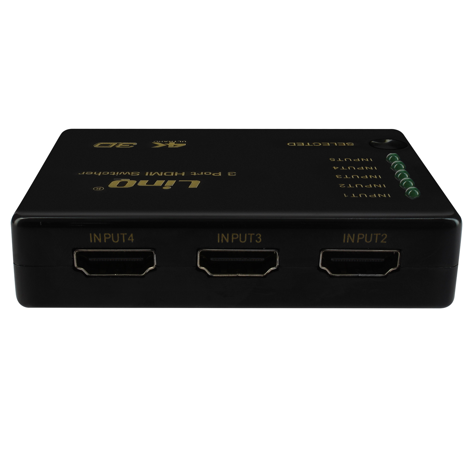 Switch HDMI nero con 3 porte di ingresso e indicatori LED. Su sfondo bianco.