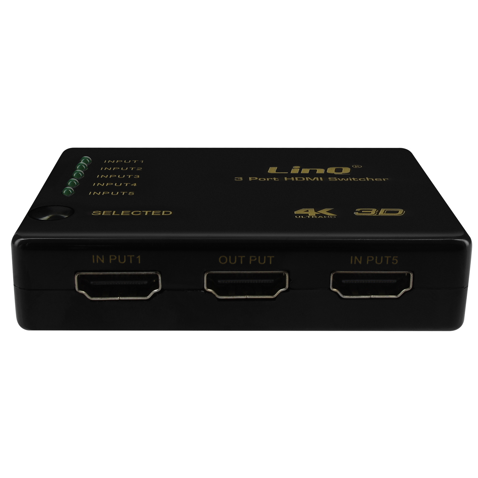 Switch HDMI nero con più porte di ingresso e uscita. Etichette: Input1-5, Output, Selected.
