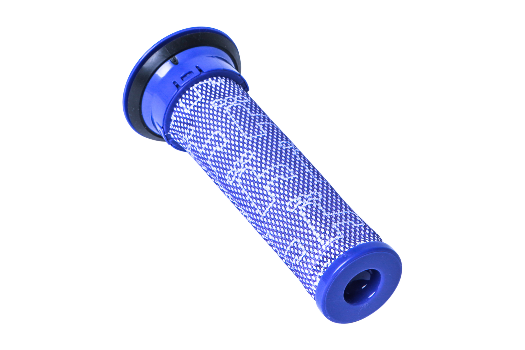 Blau-weißer zylindrischer Staubsaugerfilter. Er hat ein netzartiges Muster und einen schwarzen Rand.