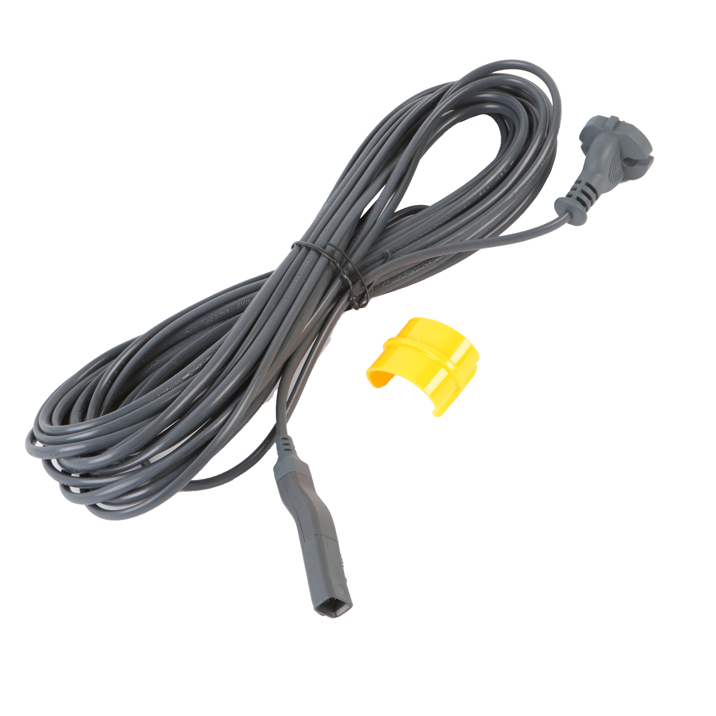 Graues Verlängerungskabel mit Stecker und Buchse. Eine gelbe Kappe befindet sich auf dem Kabel. Weißer Hintergrund.