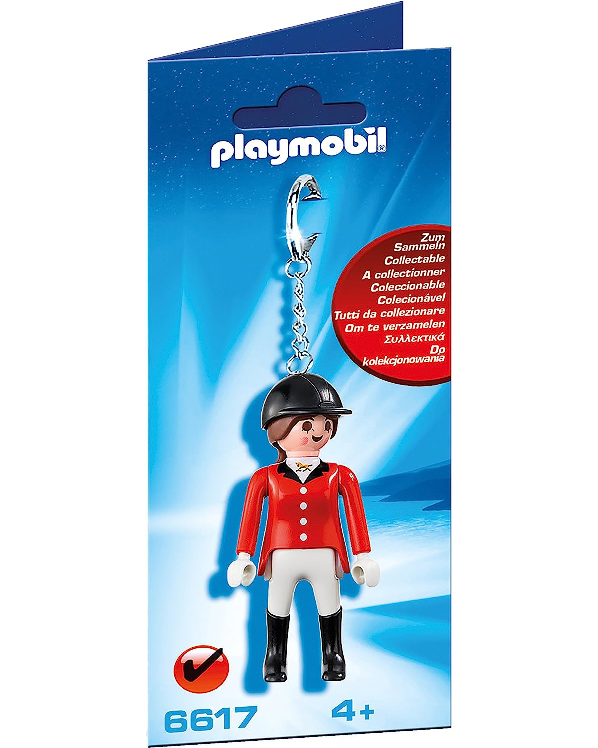 Playmobil-Figur eines Reiters in roter Jacke und schwarzem Helm. Schlüsselanhänger.