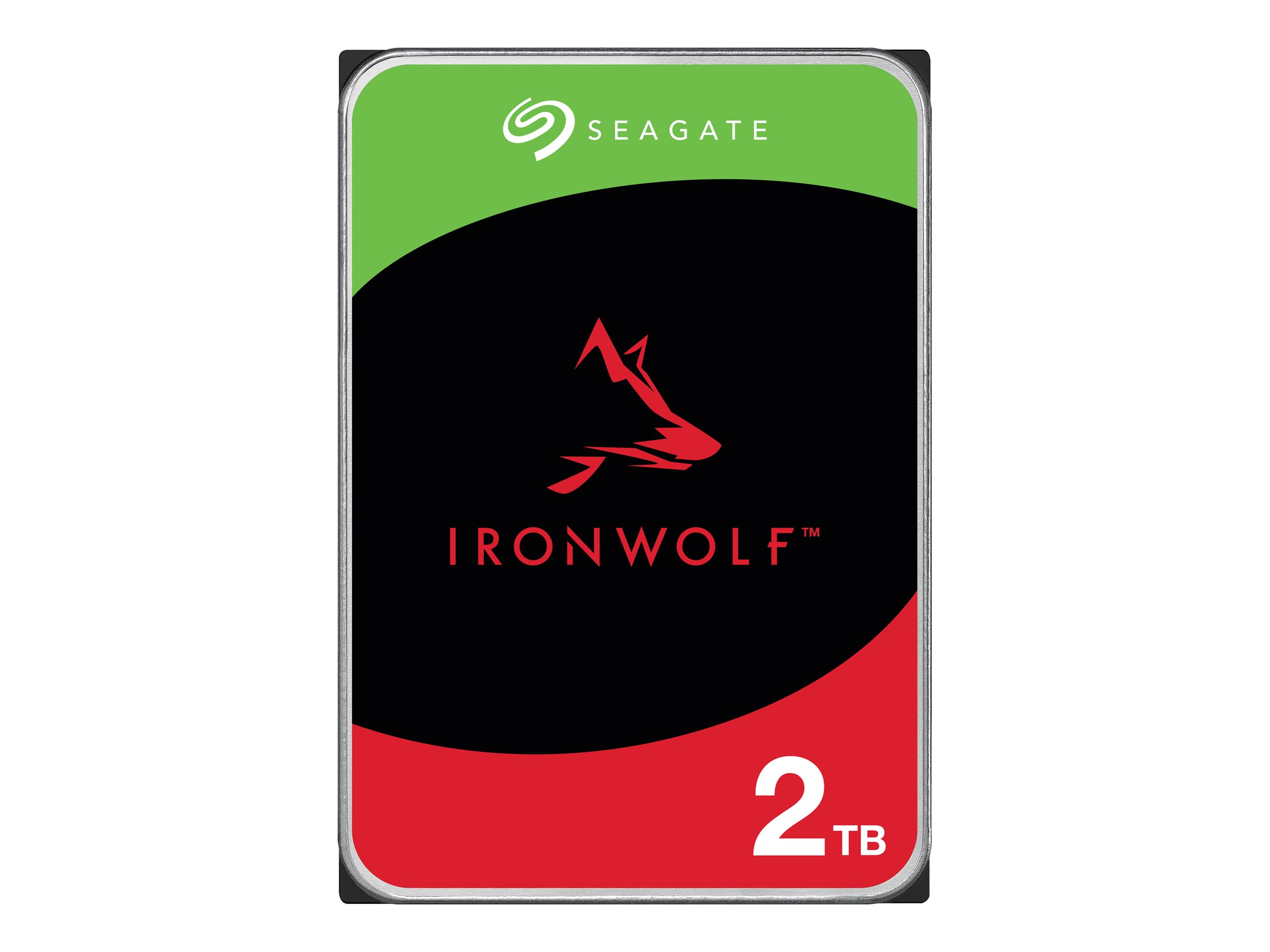 Dysk twardy Seagate IronWolf 2TB, zielona i czerwona etykieta na białym tle.
