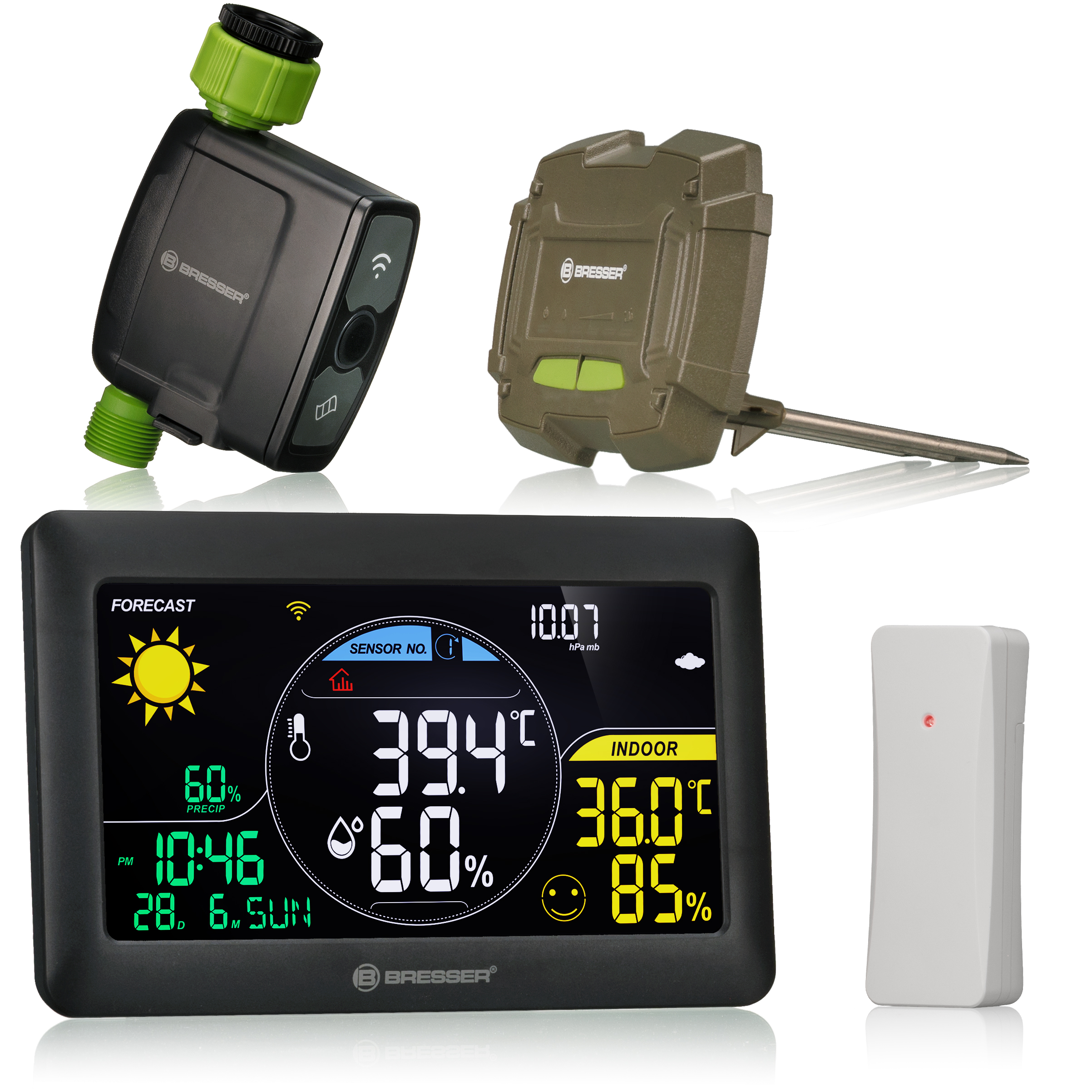 Wetterstationskomponenten: Display, Sensoren und Bewässerungstimer. Schwarz und Grün. Weißer Hintergrund.