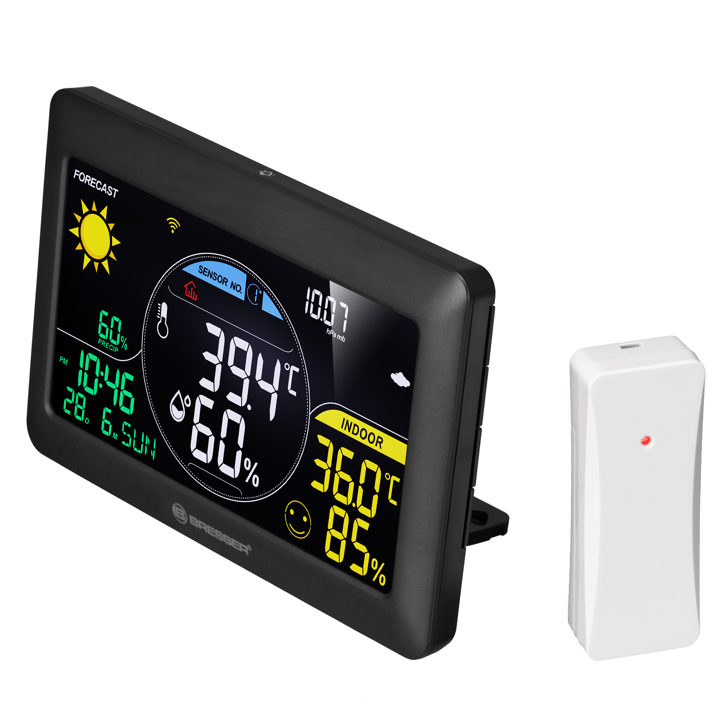 Schwarze Wetterstation mit Display und weißem Sensor. Das Display zeigt Temperatur, Luftfeuchtigkeit und Vorhersage.