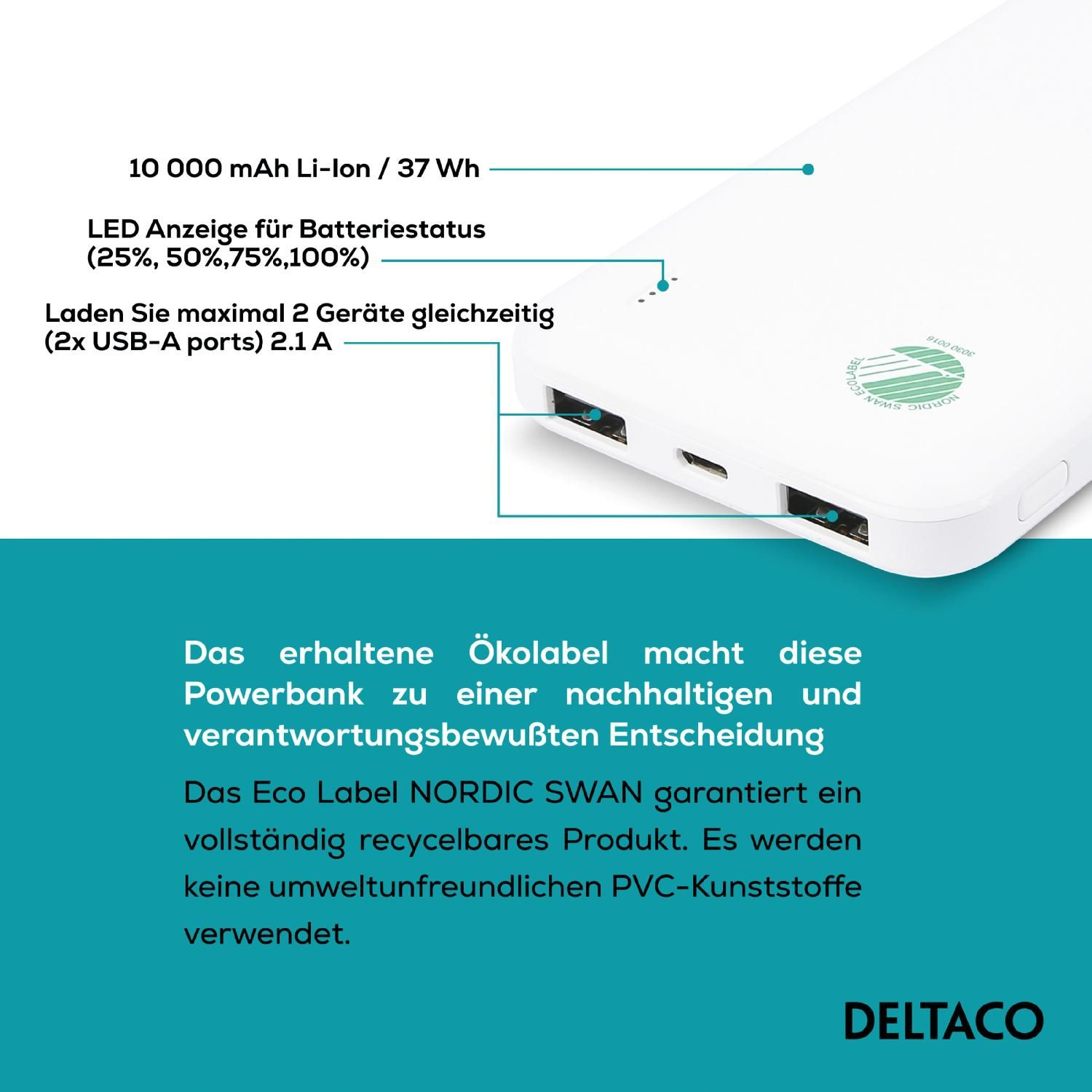 Powerbank DELTACO weiß 10.000 GAMING PB-S1000