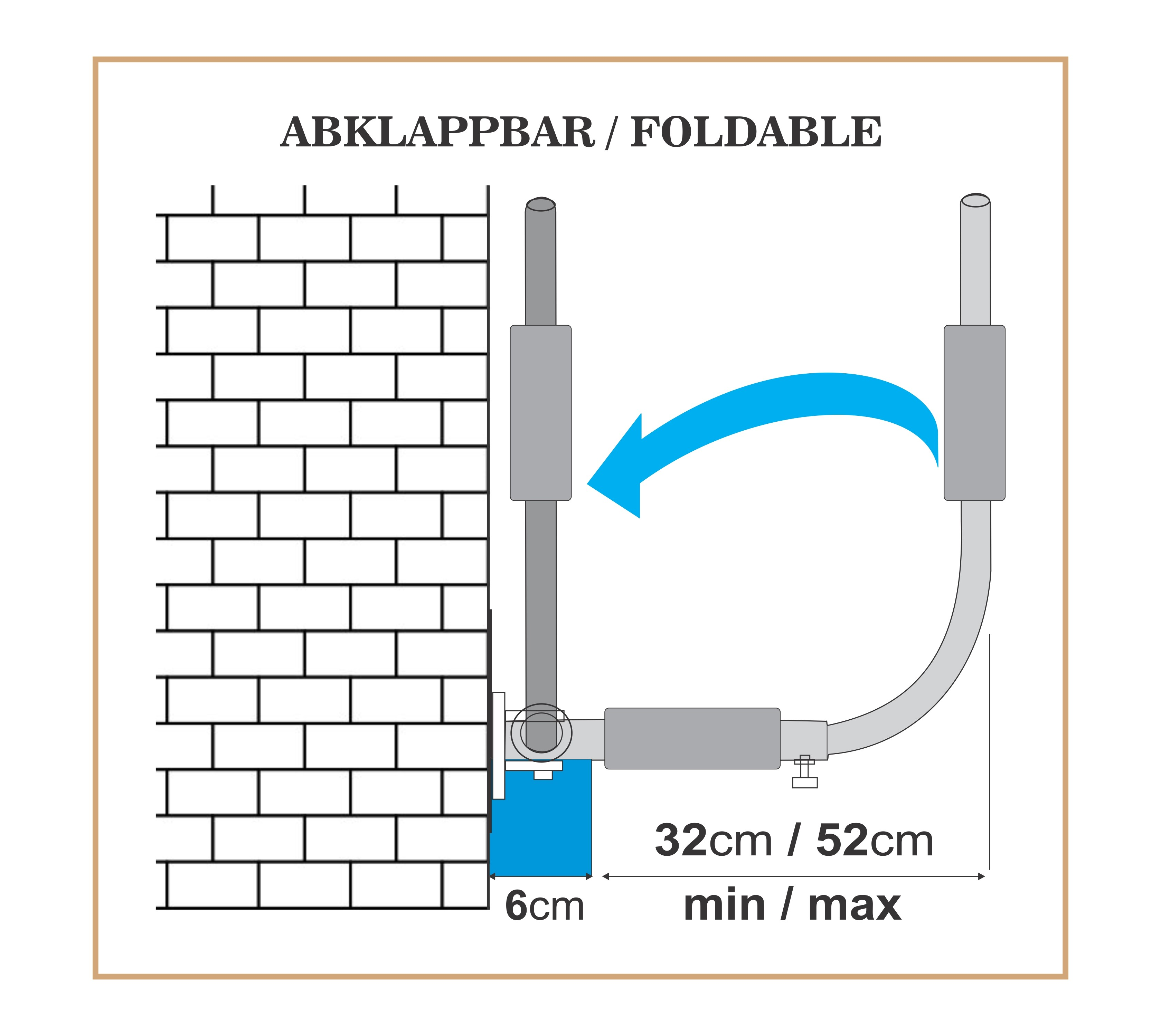 Klappbare Wand-Haltestange Diagramm. Zeigt Abmessungen (32cm/52cm) und blauen Klapppfeil.