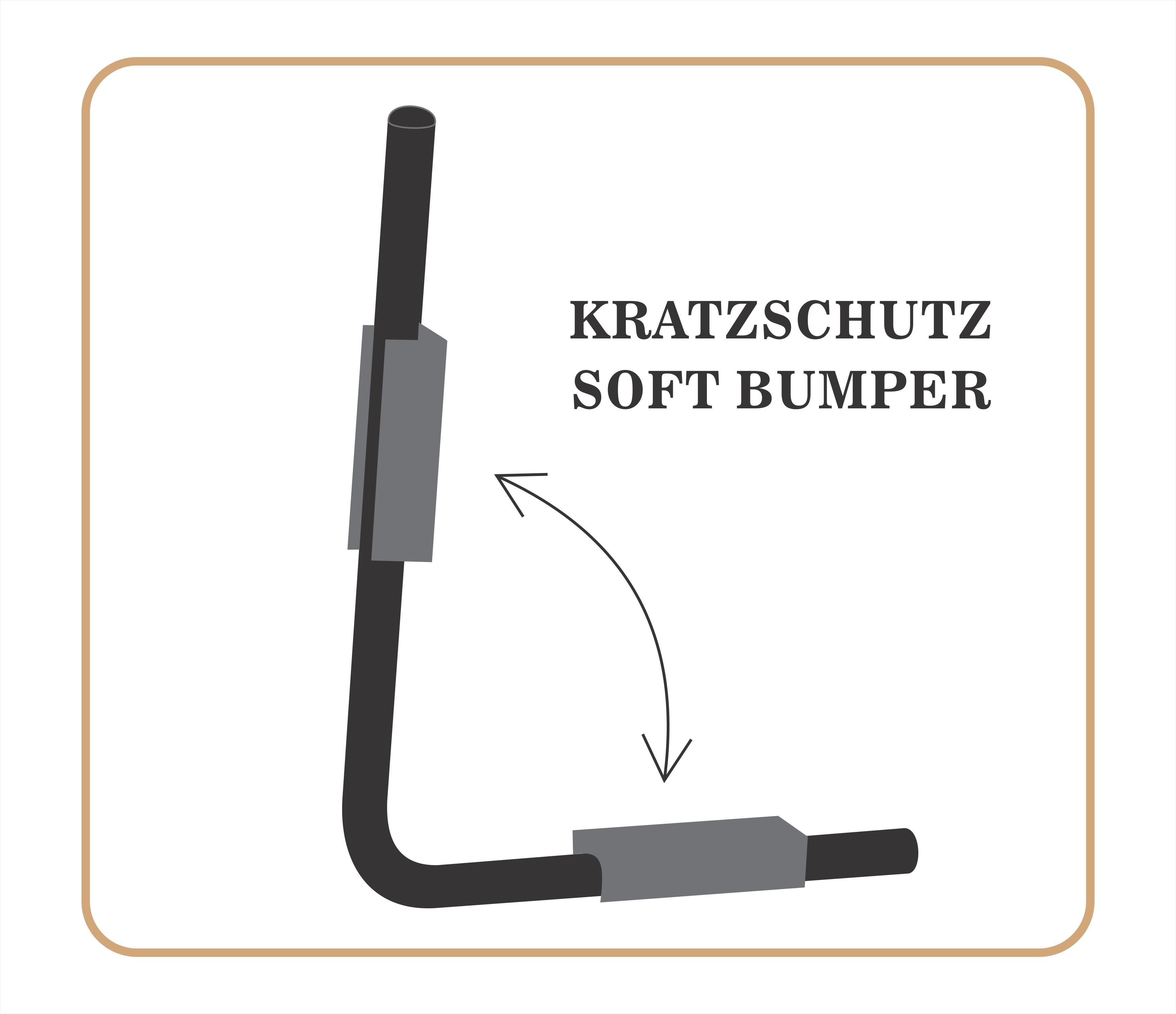 Ein L-förmiges Metallstück mit grauen Schutzpolstern. Ein gebogener Pfeil zeigt die Bewegung.