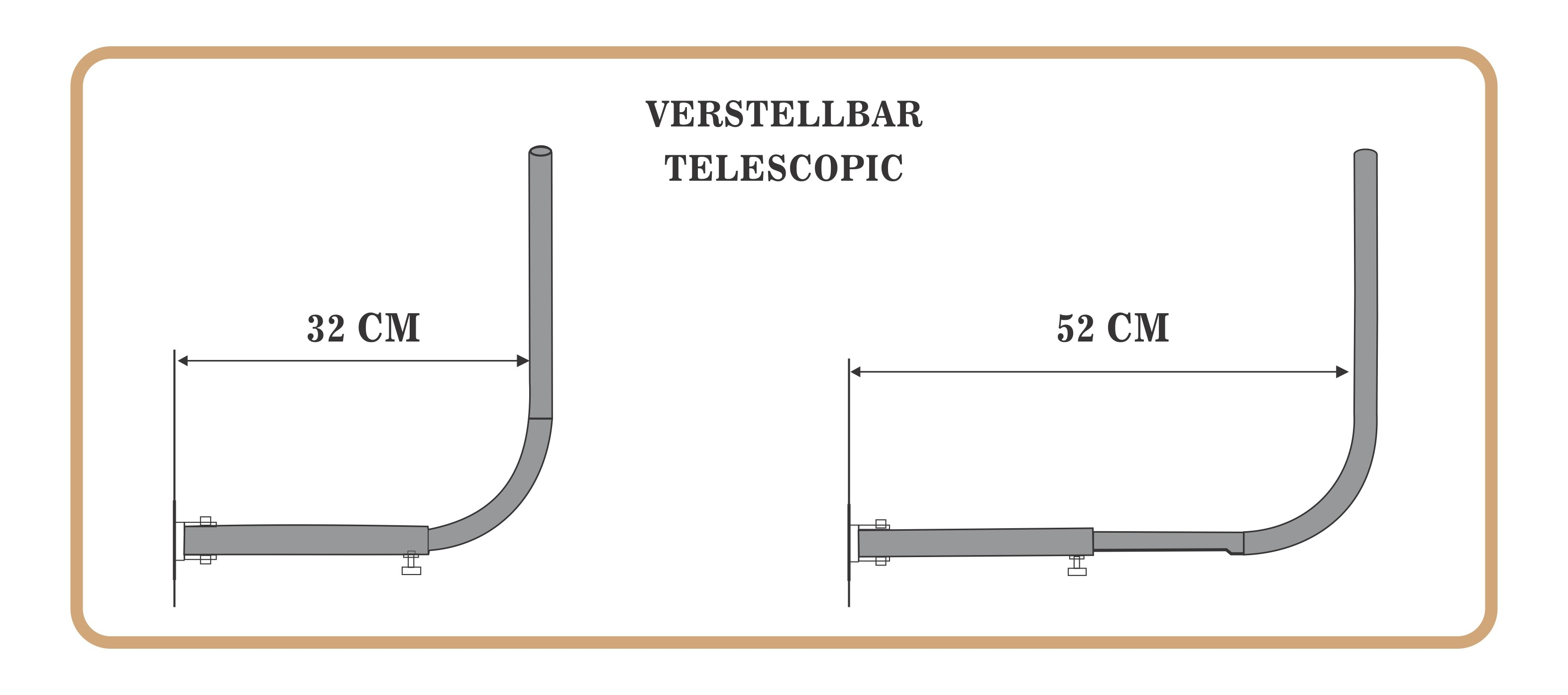 Diagramm eines Teleskopstabs mit Abmessungen. Der Stab erstreckt sich von 32 cm bis 52 cm.