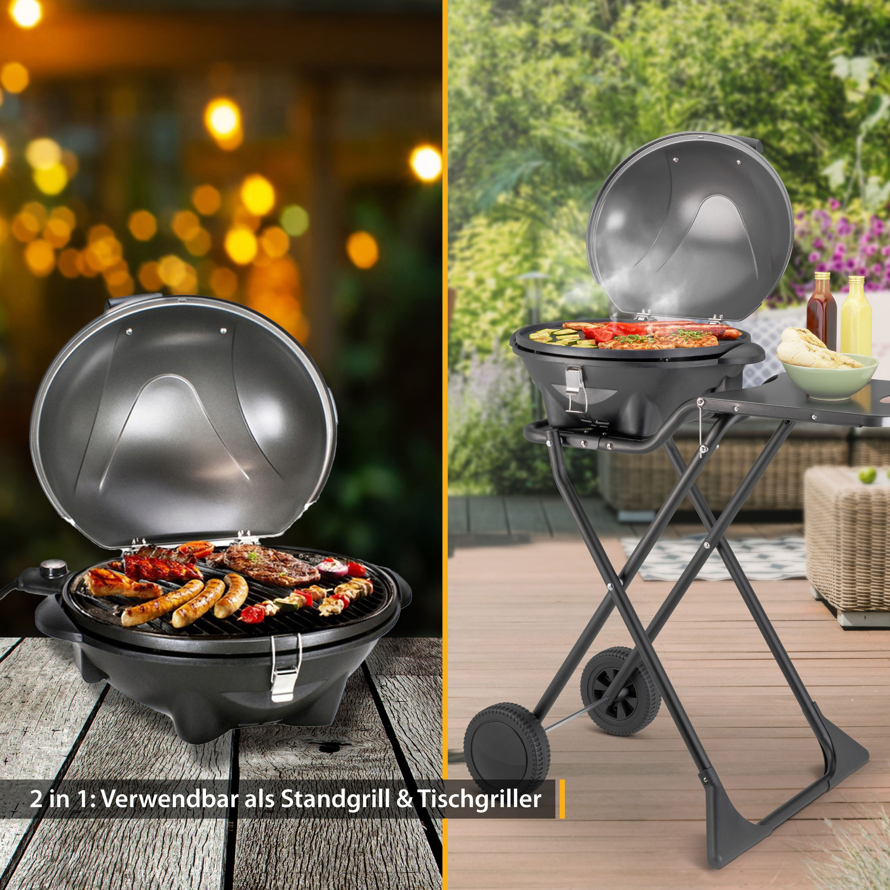 Ein Grill mit Grill und Tisch. Der Grill steht auf einem Tisch. Die Szene ist eine Szene im Freien.
