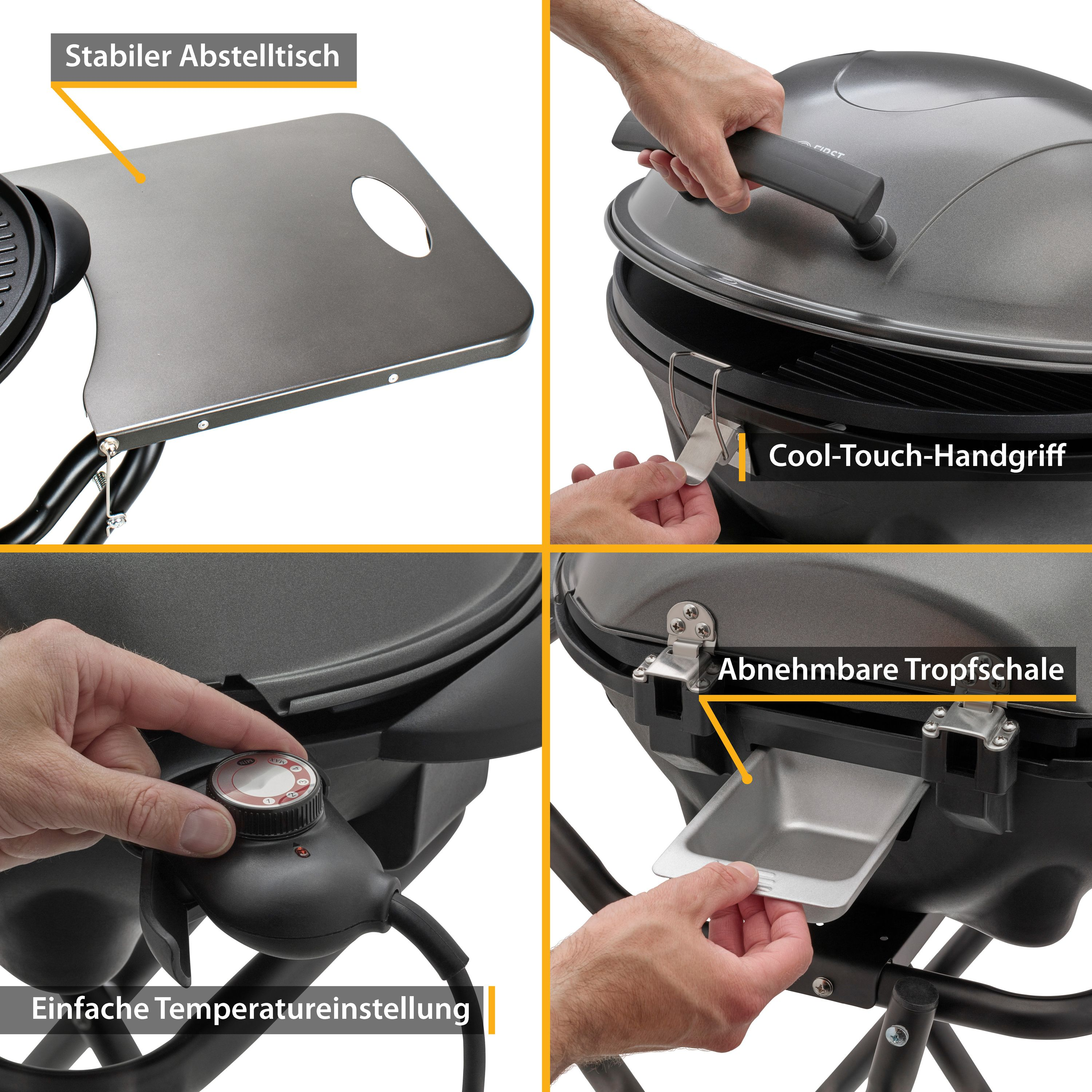 Nahaufnahme eines Grills mit Details: Beistelltisch, Cool-Touch-Griff, abnehmbare Tropfschale, Temperaturregelung.